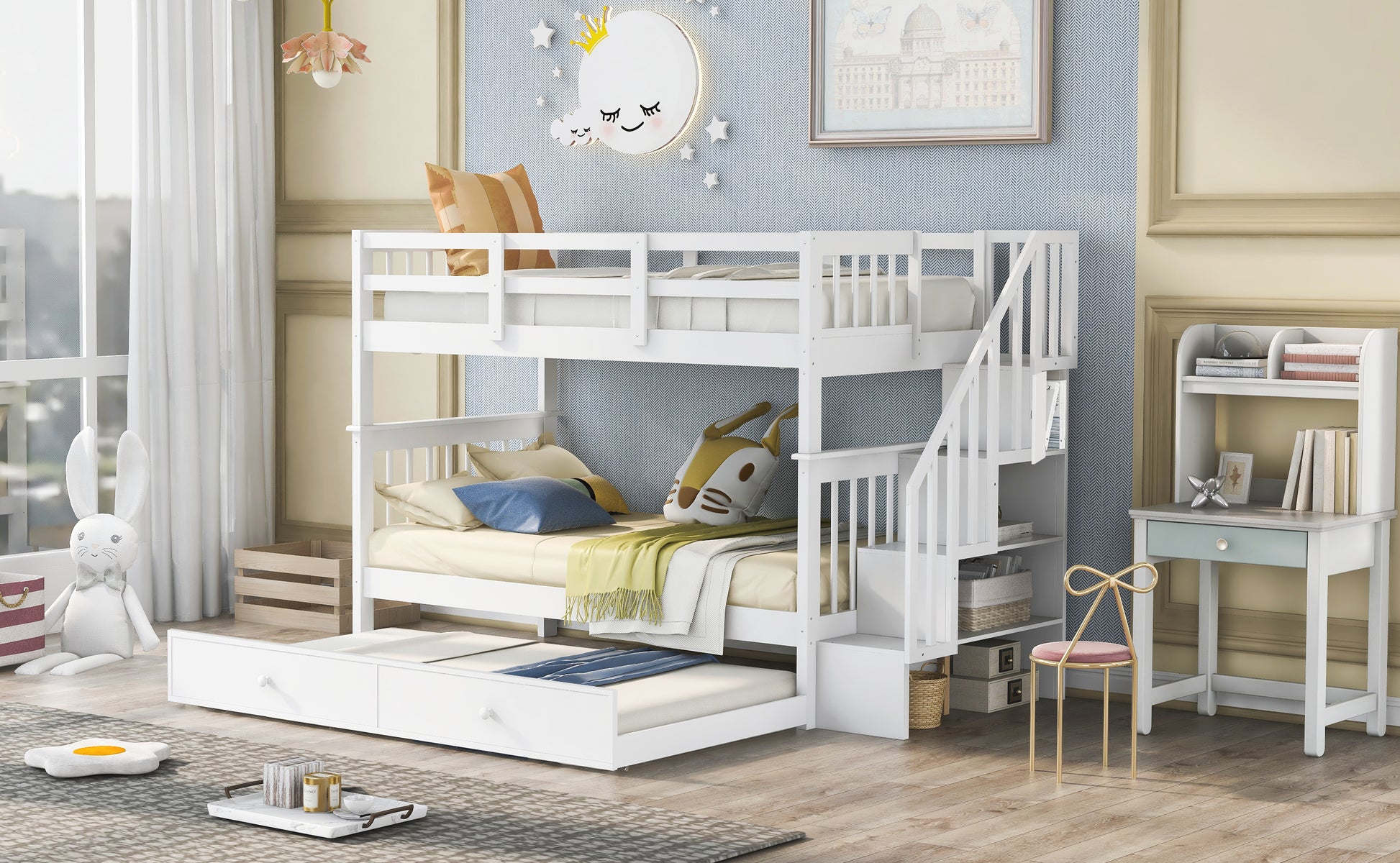 White wooden triple bunk bed with pullout trundle