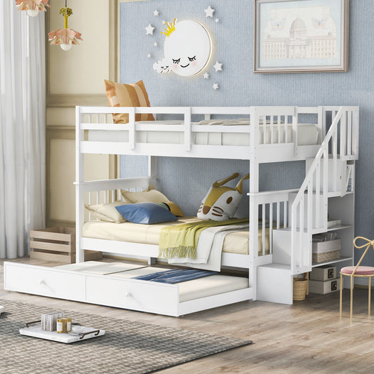 White wooden bunk bed with stairs and trundle