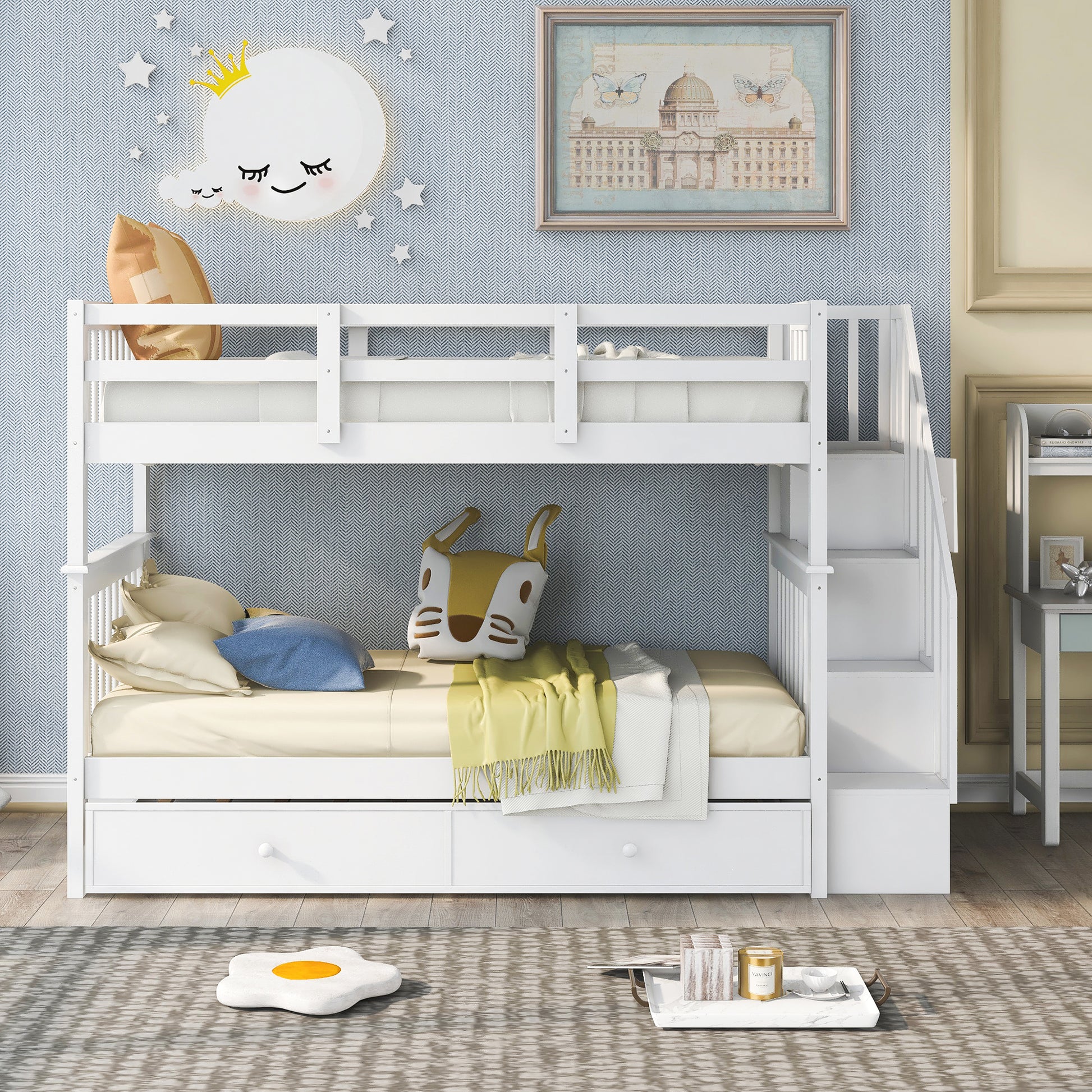 White wooden twin over twin bunk bed with builtin drawers and stairs