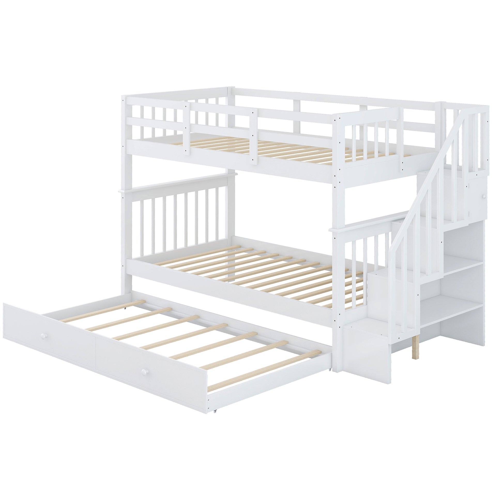 White wooden triple bunk bed with stairs and pullout trundle