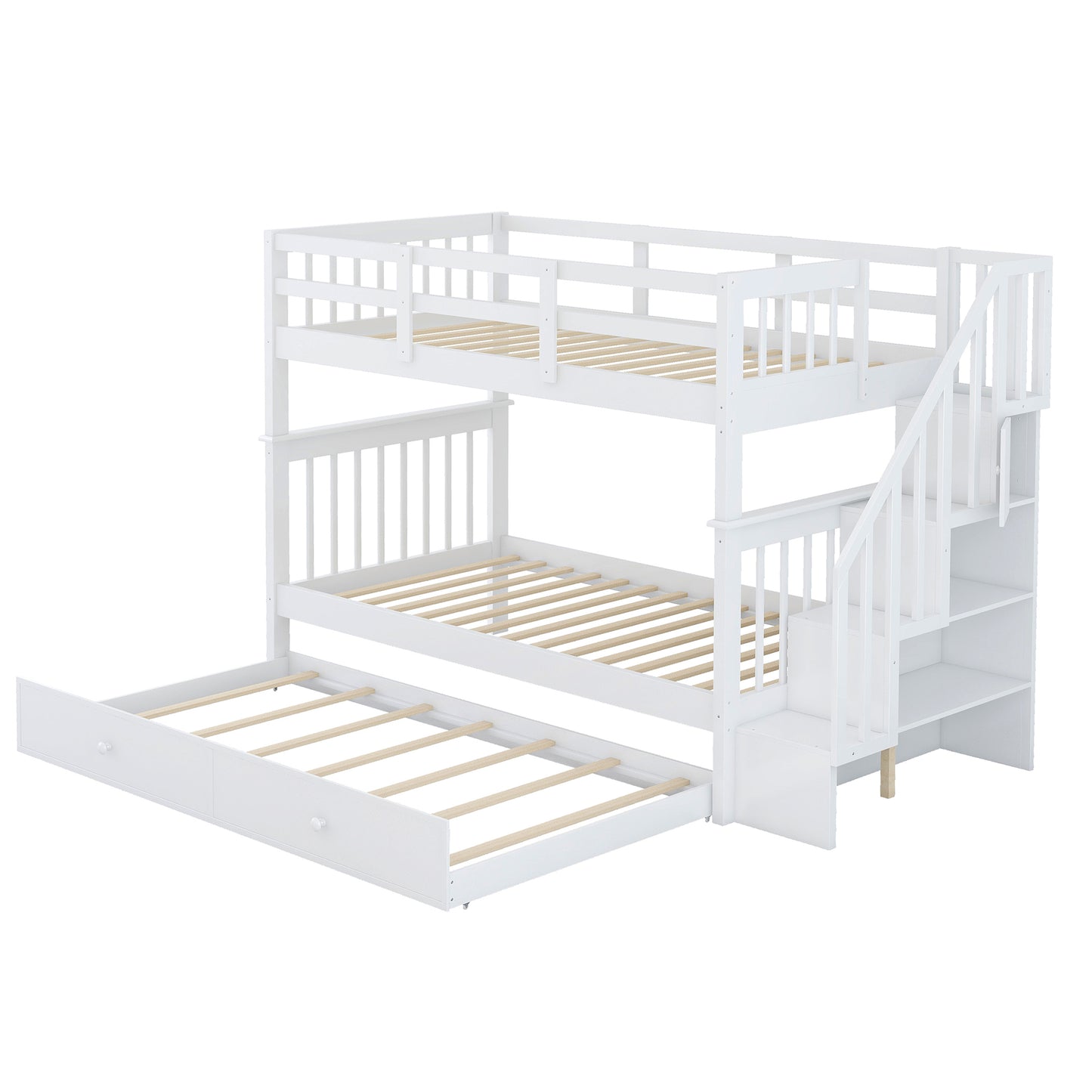 White triple bunk bed with stairs and pullout trundle