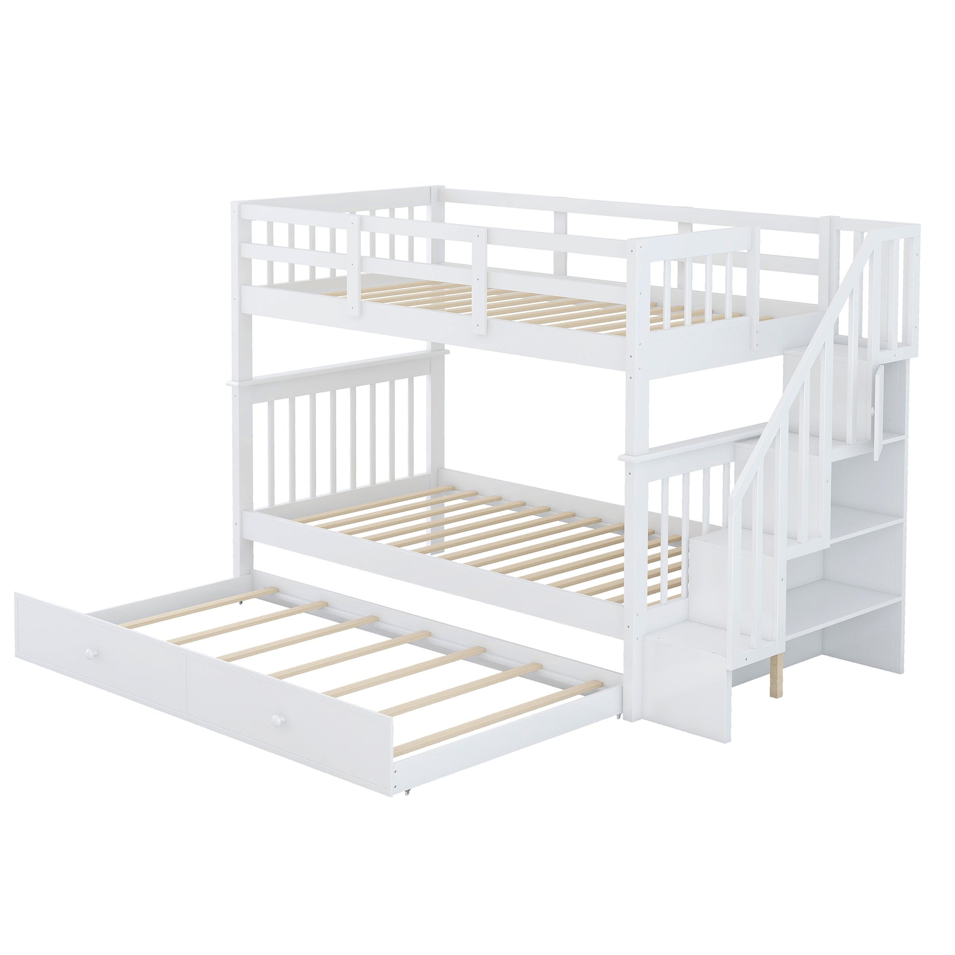 White triple bunk bed with stairs and pullout trundle