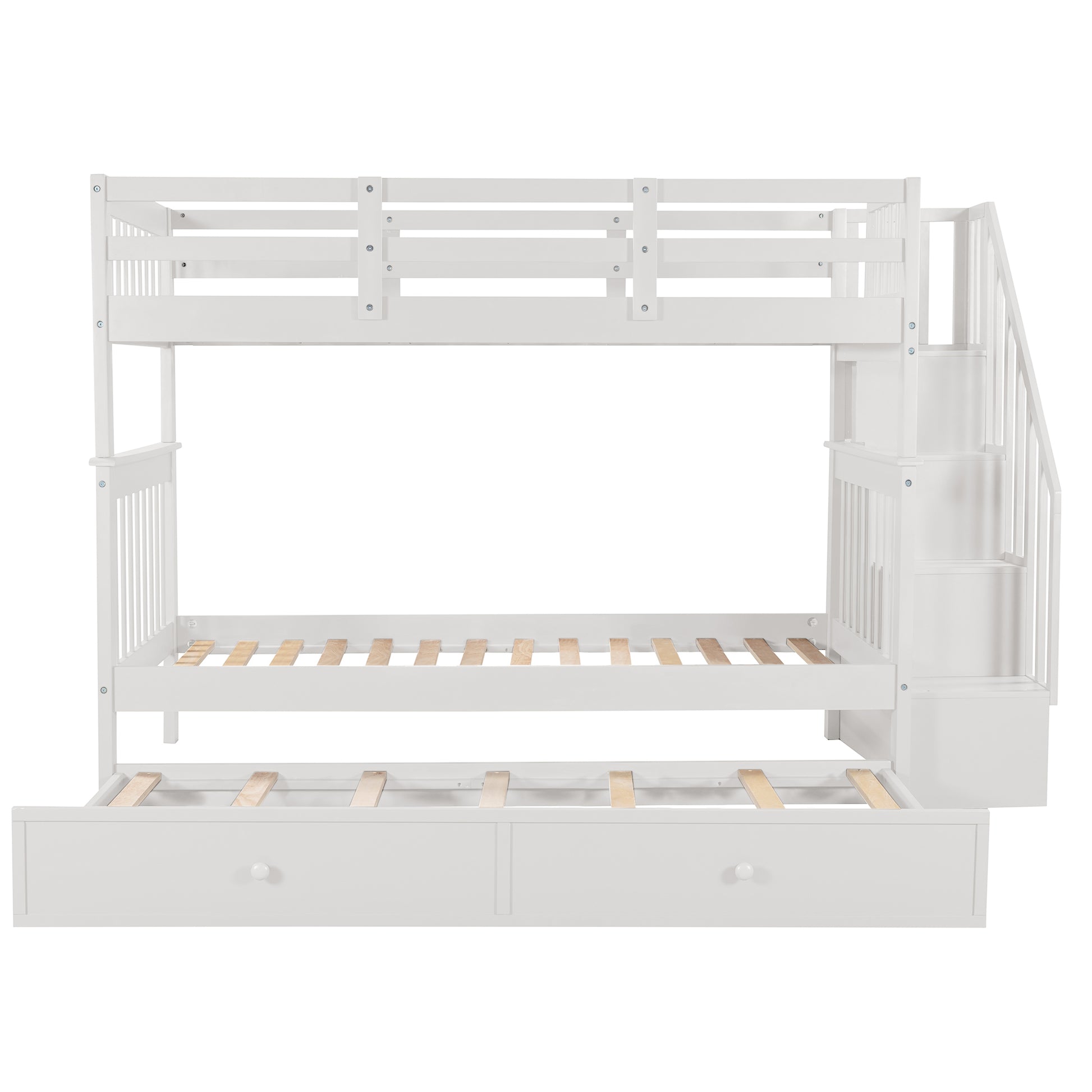 White wooden triple bunk bed with stairs and pullout trundle