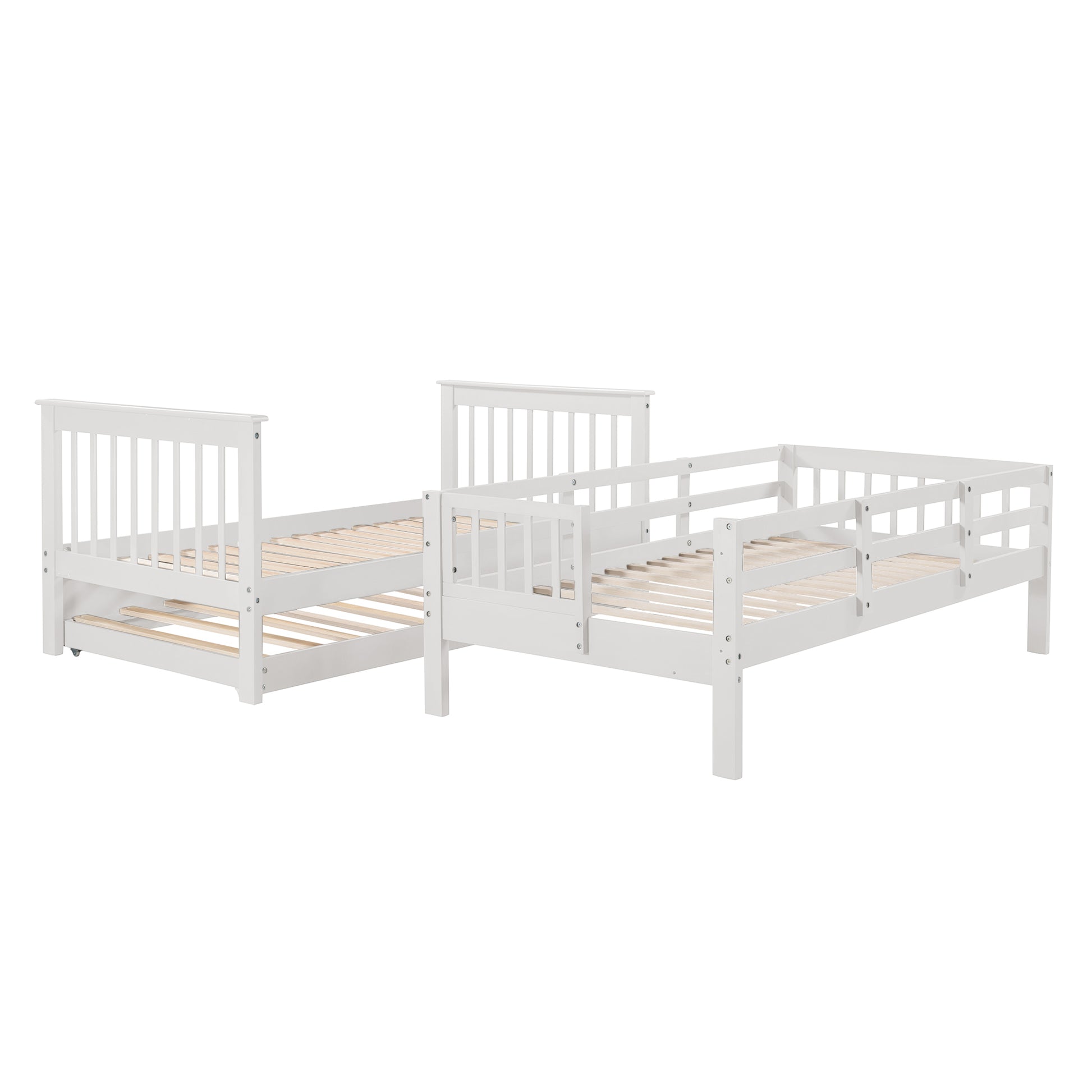 White wooden twin over twin bunk bed with guardrails