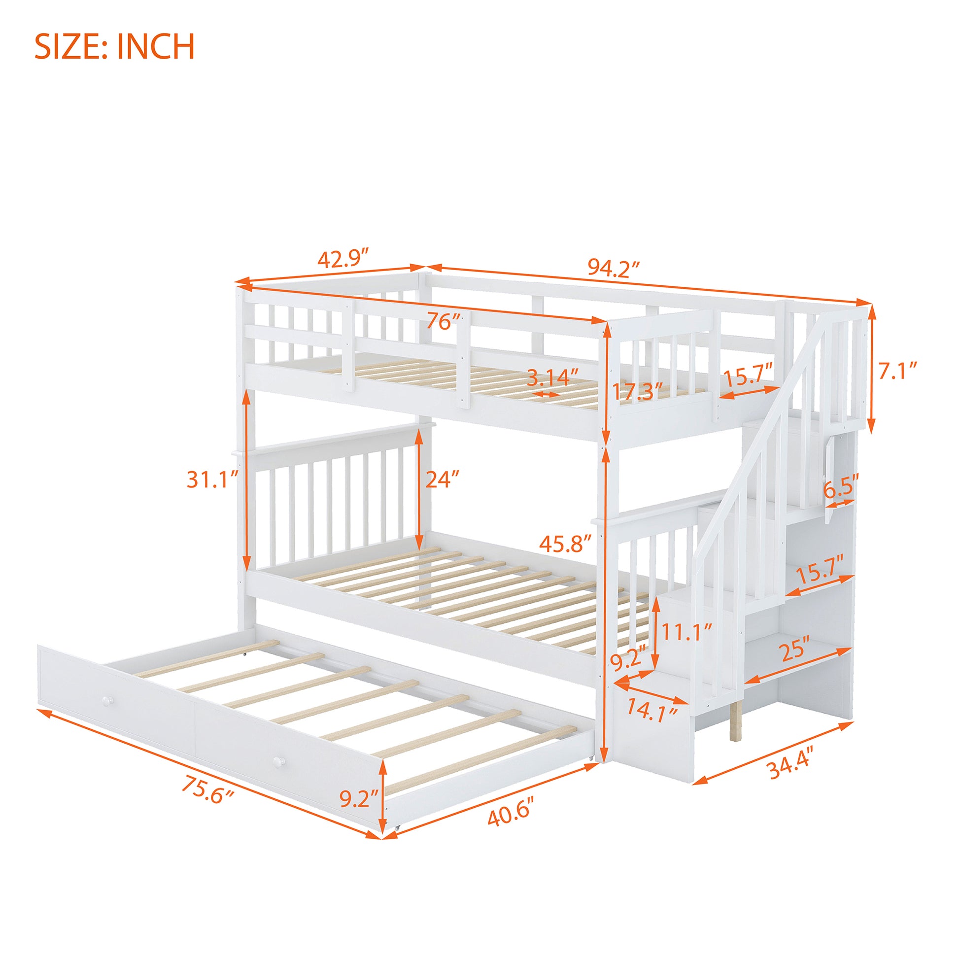 White wooden triple bunk bed with stairs and pullout trundle