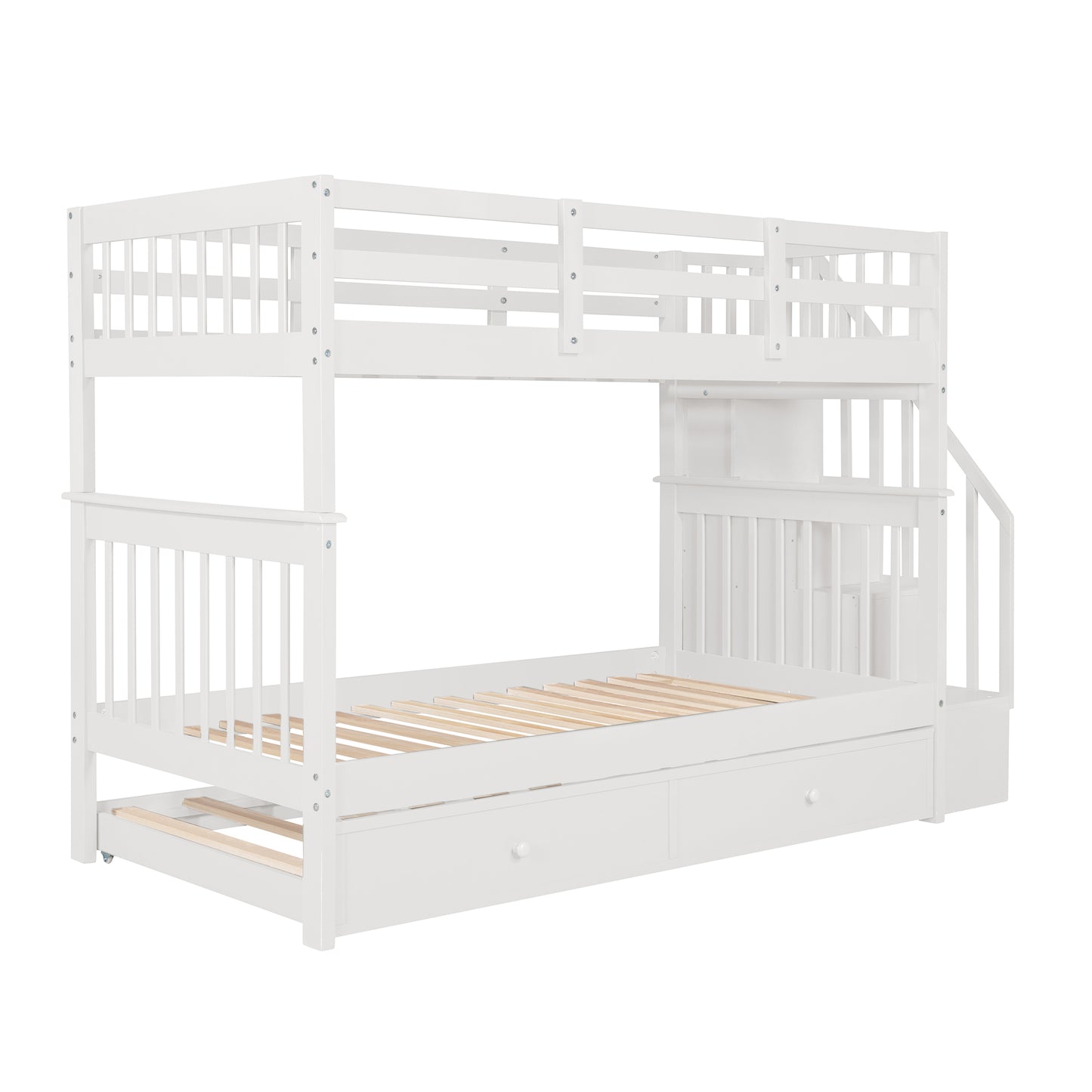 White wooden bunk bed with stairs and drawers