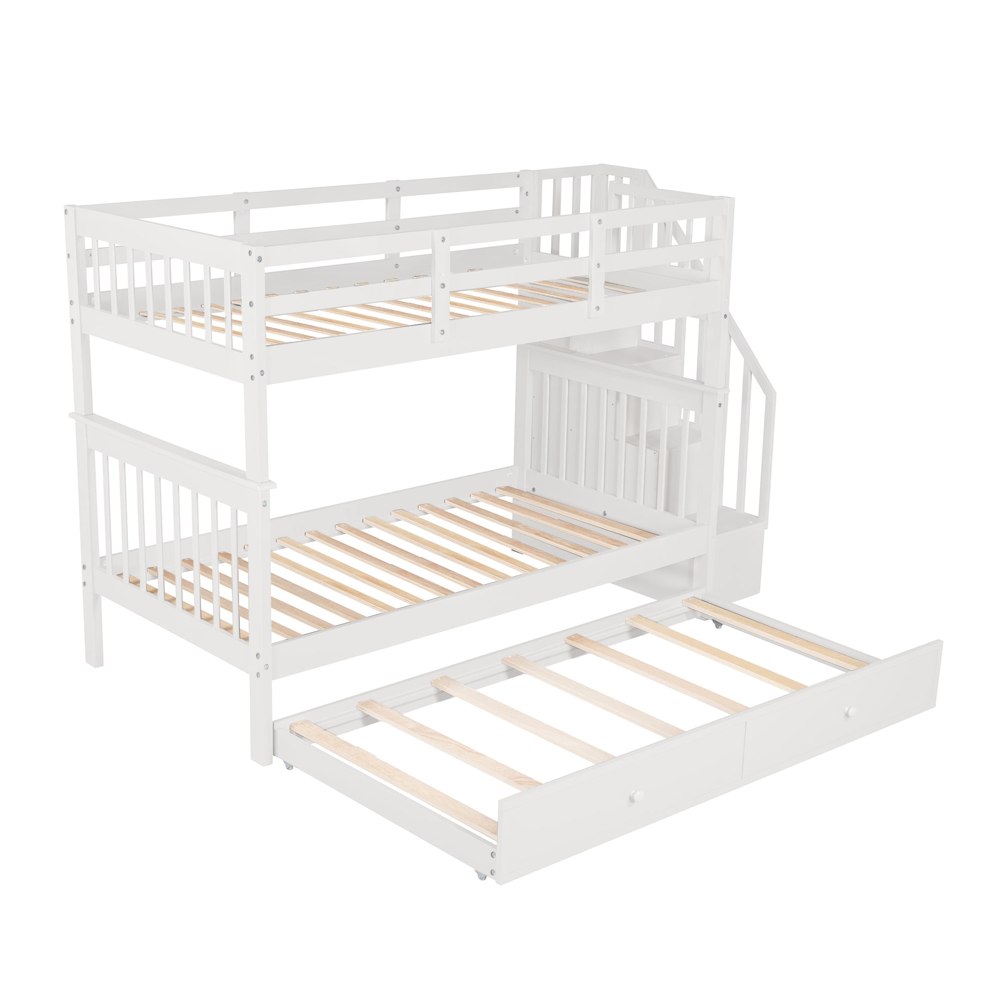 White wooden triple bunk bed with stairs and pullout trundle