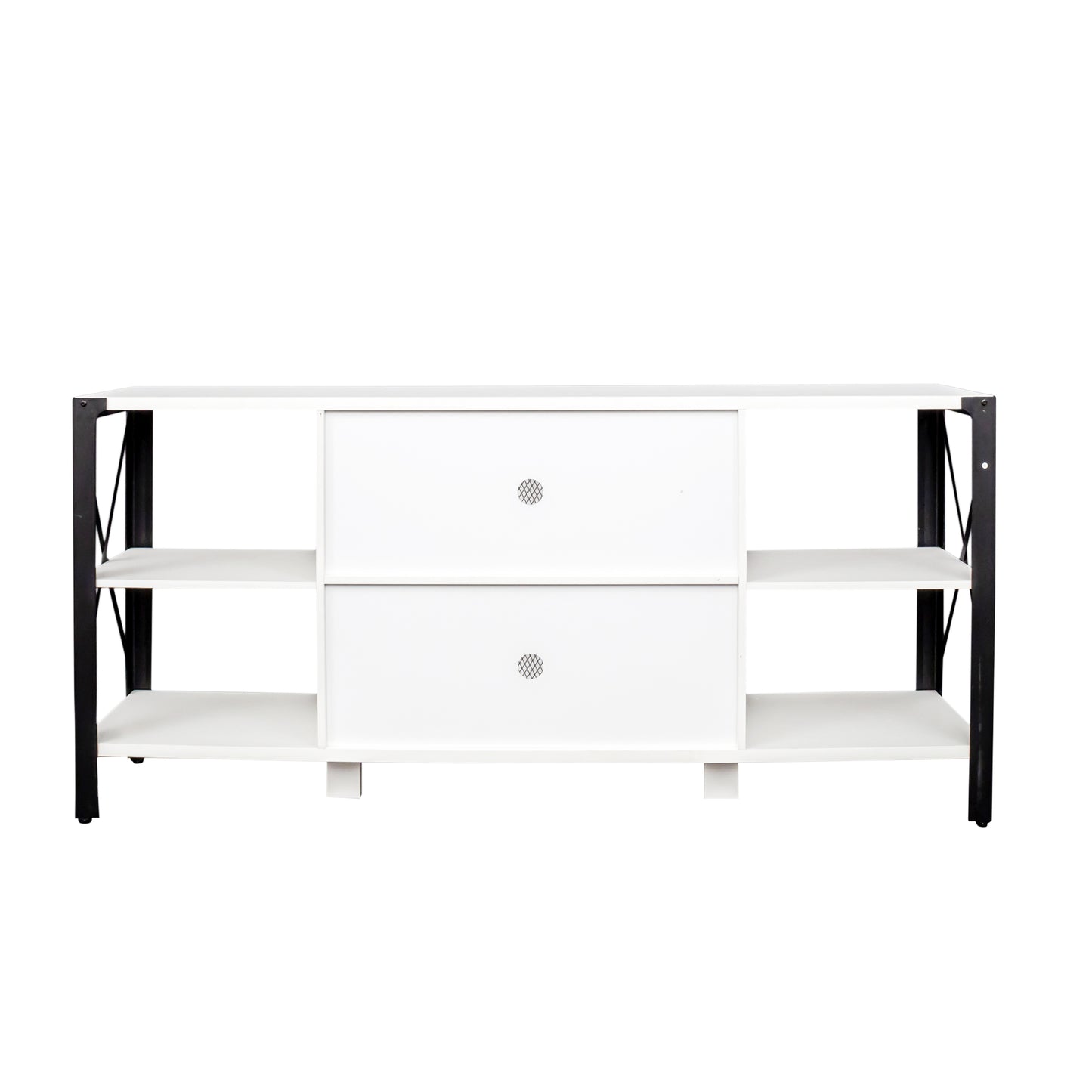 White media console with open shelves and two louvered drawers
