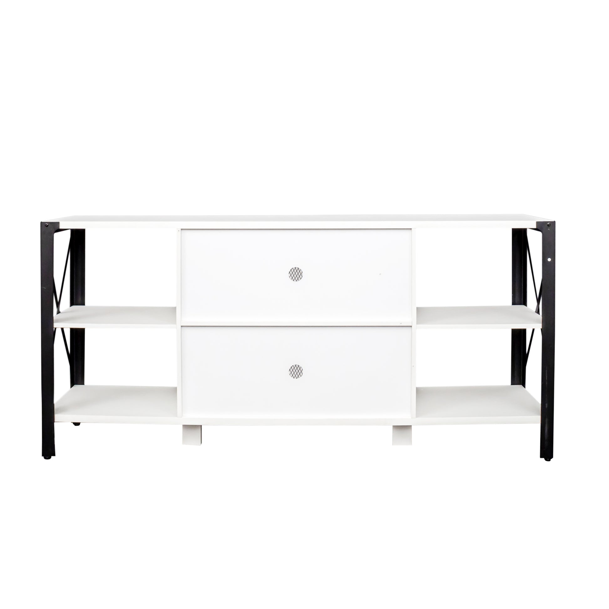 White media console with open shelves and two louvered drawers