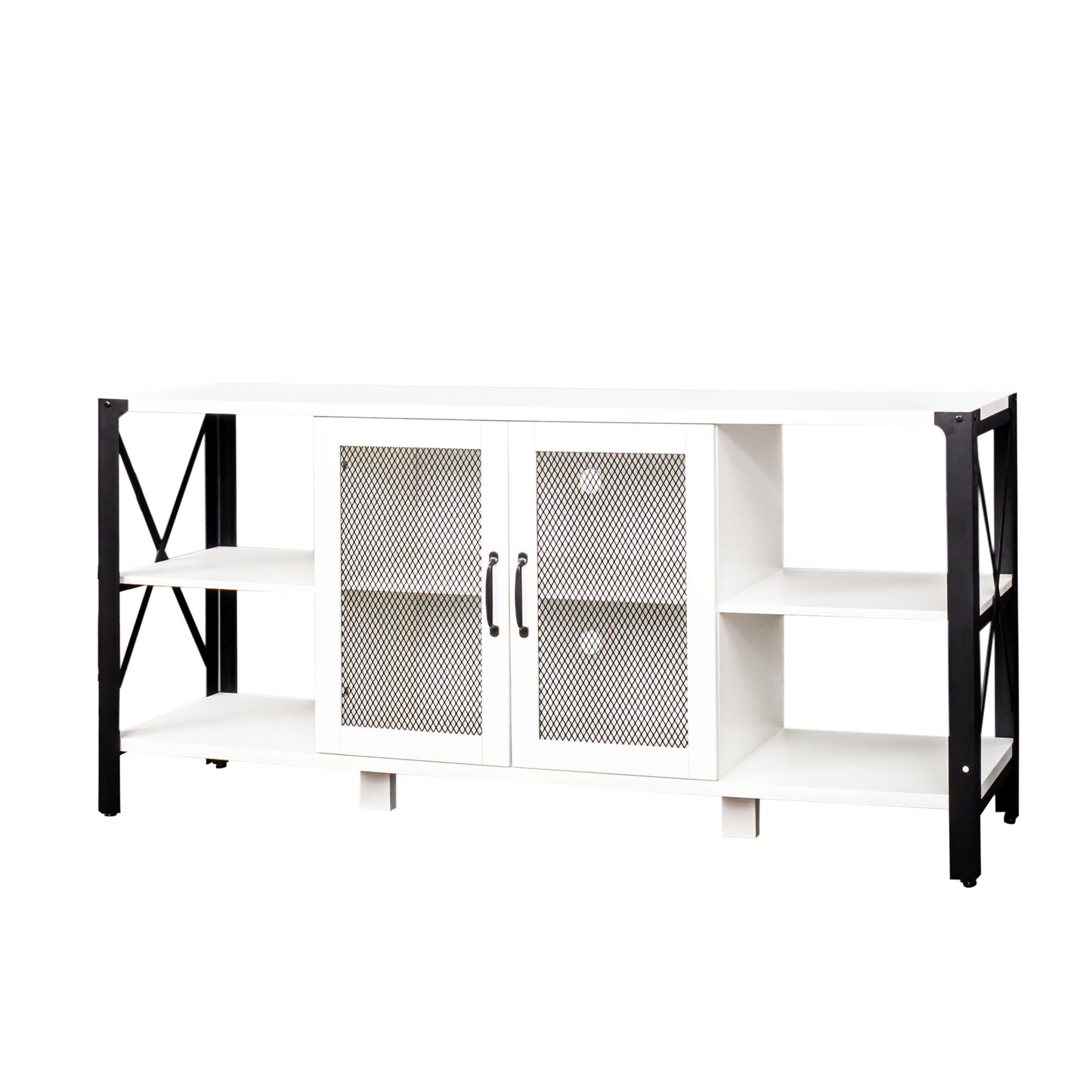 White farmhouse TV stand with black metal legs and mesh cabinet doors