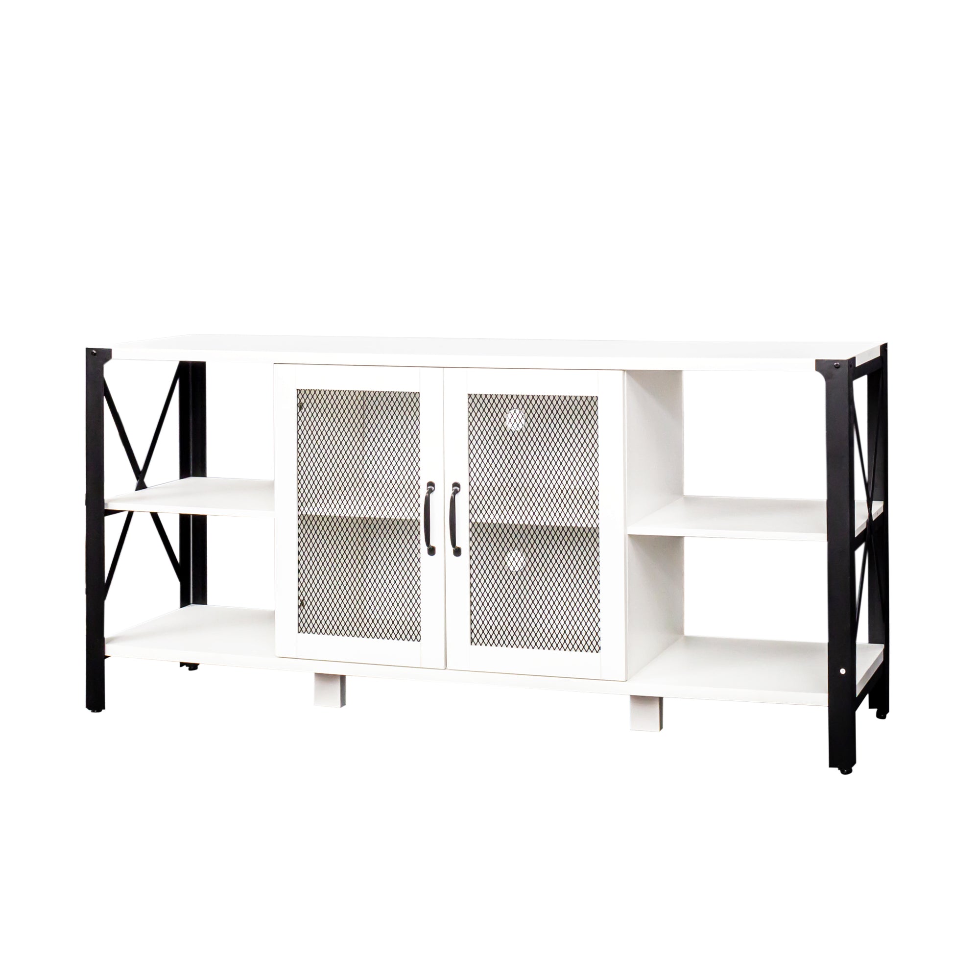 White farmhouse TV stand with black metal legs and mesh cabinet doors