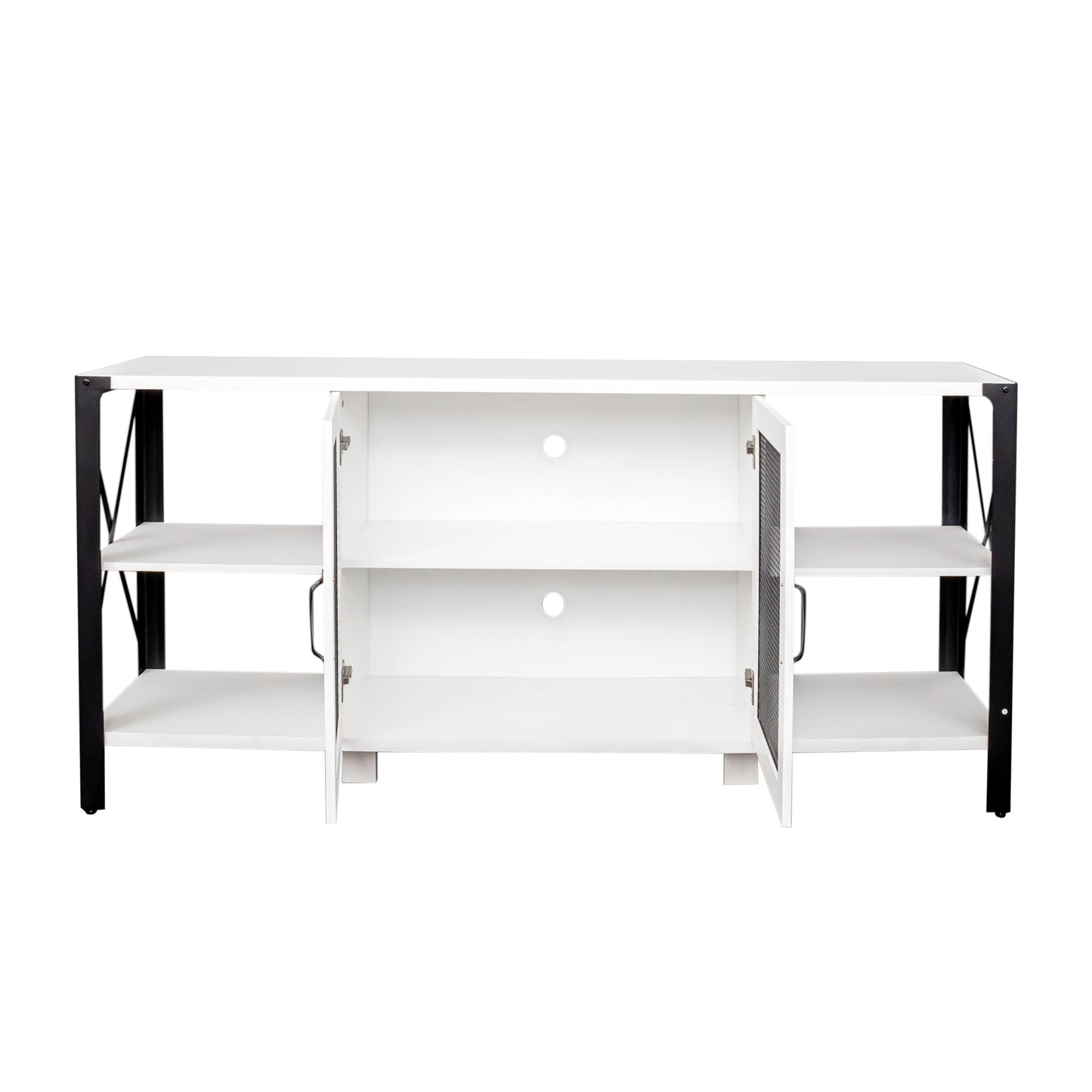 White media console with black metal frame and open shelving