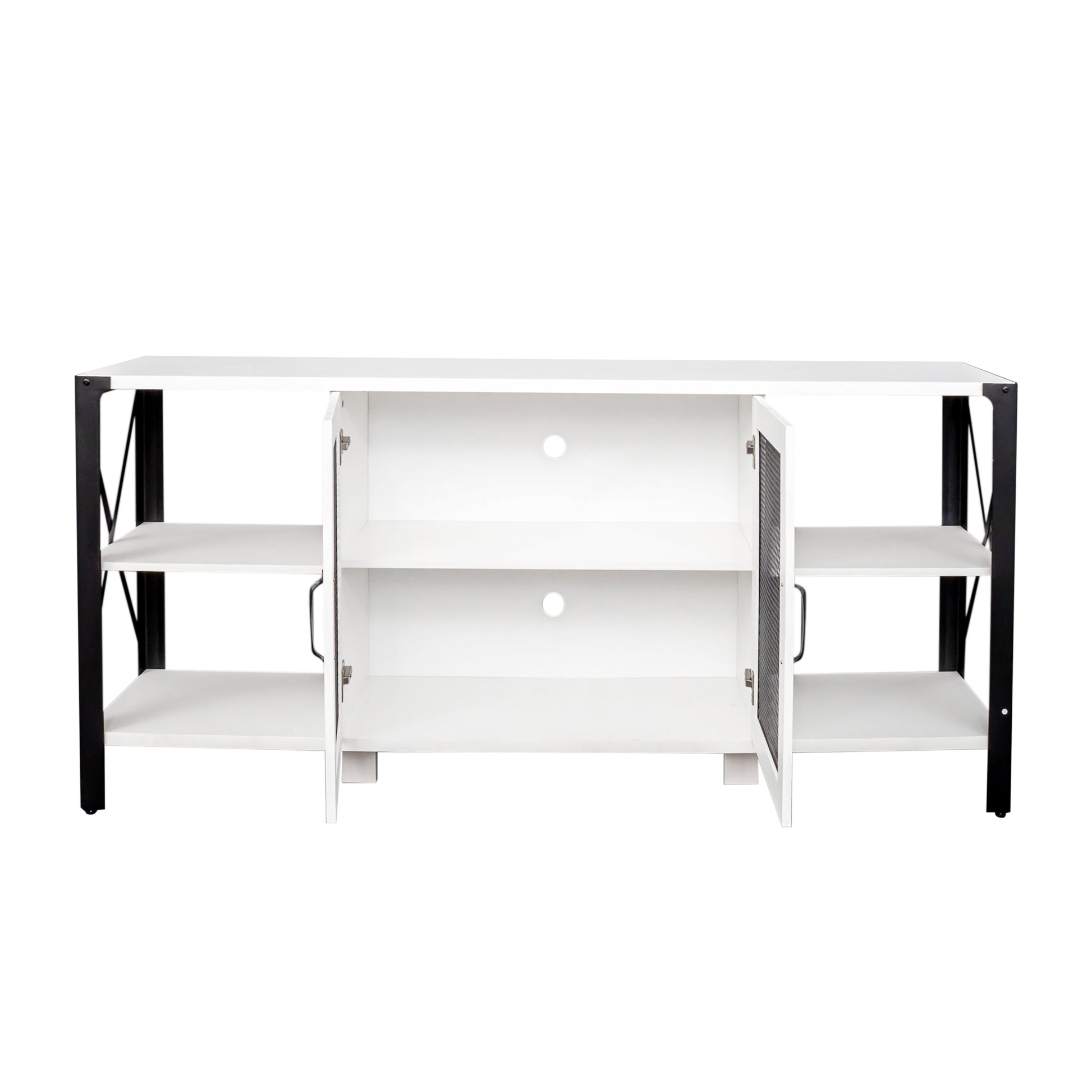 White media console with black metal frame and open shelving