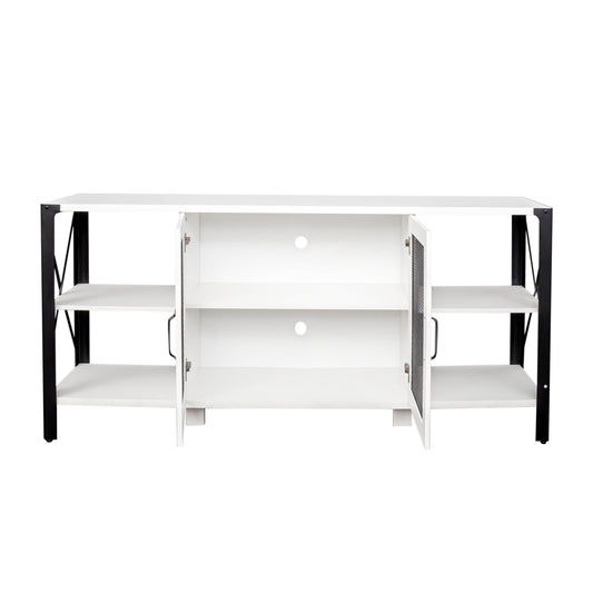 White media console with black metal frame and open shelving
