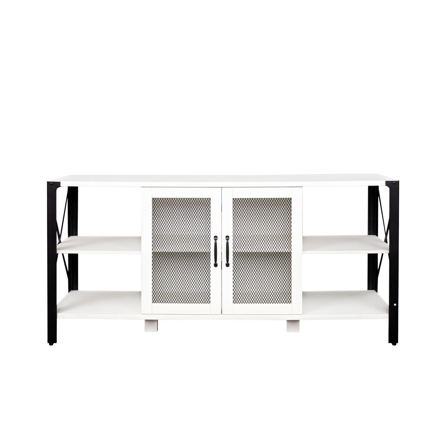 White media console with two mesh cabinet doors and open shelving