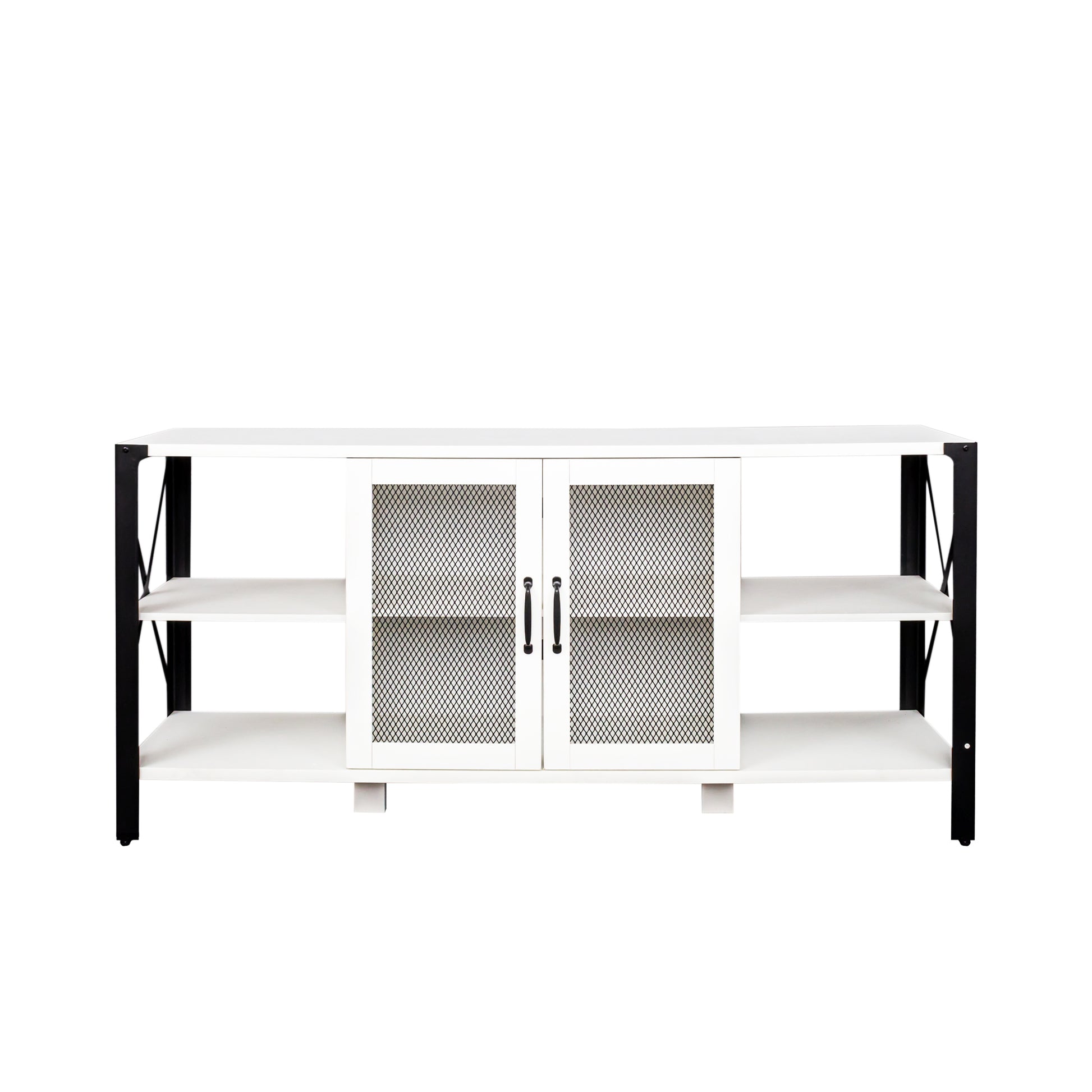 White media console with two mesh cabinet doors and open shelving