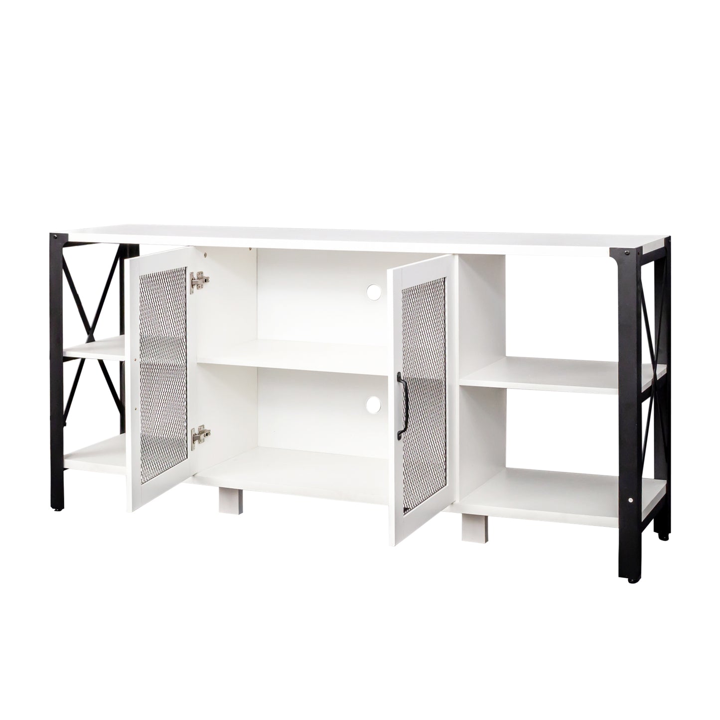 White media console with black metal frame and mesh cabinet doors