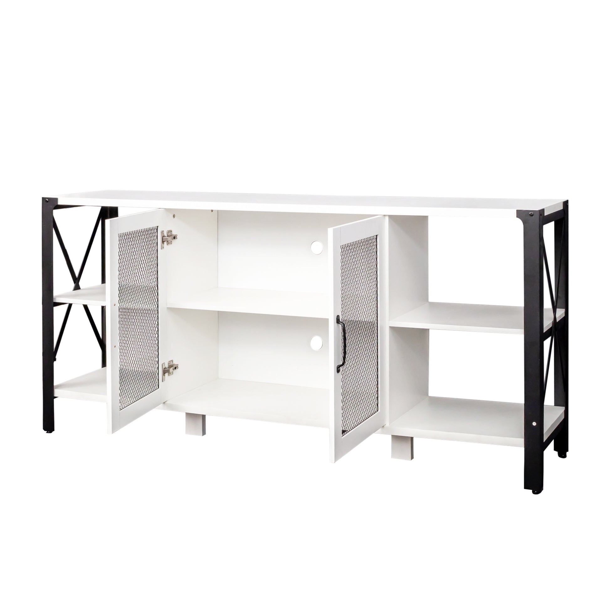White media console with black metal frame and mesh cabinet doors