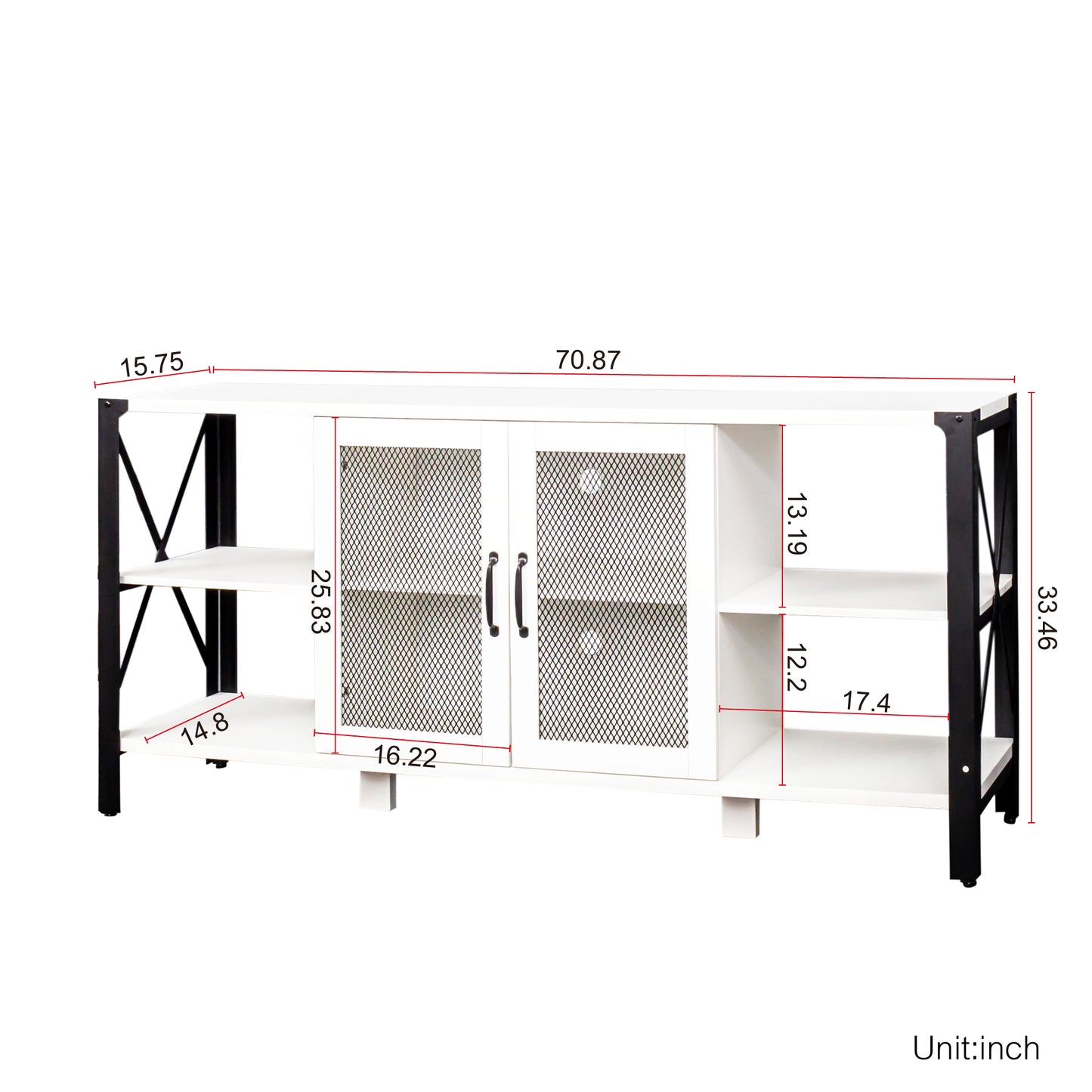 White media console with black metal frame and two mesh cabinet doors