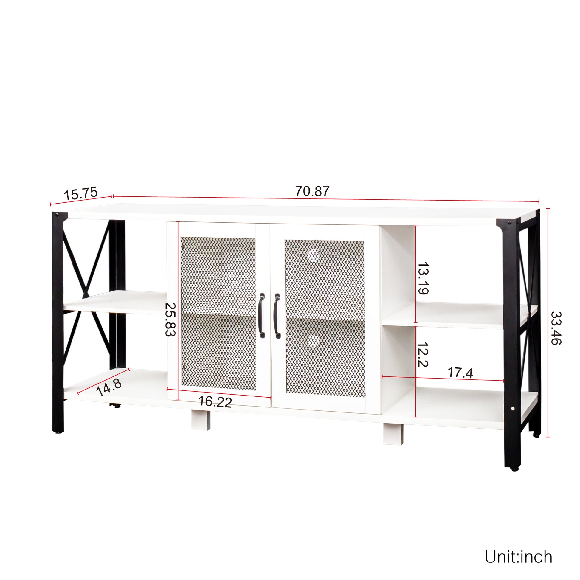 White media console with black metal frame and two mesh cabinet doors