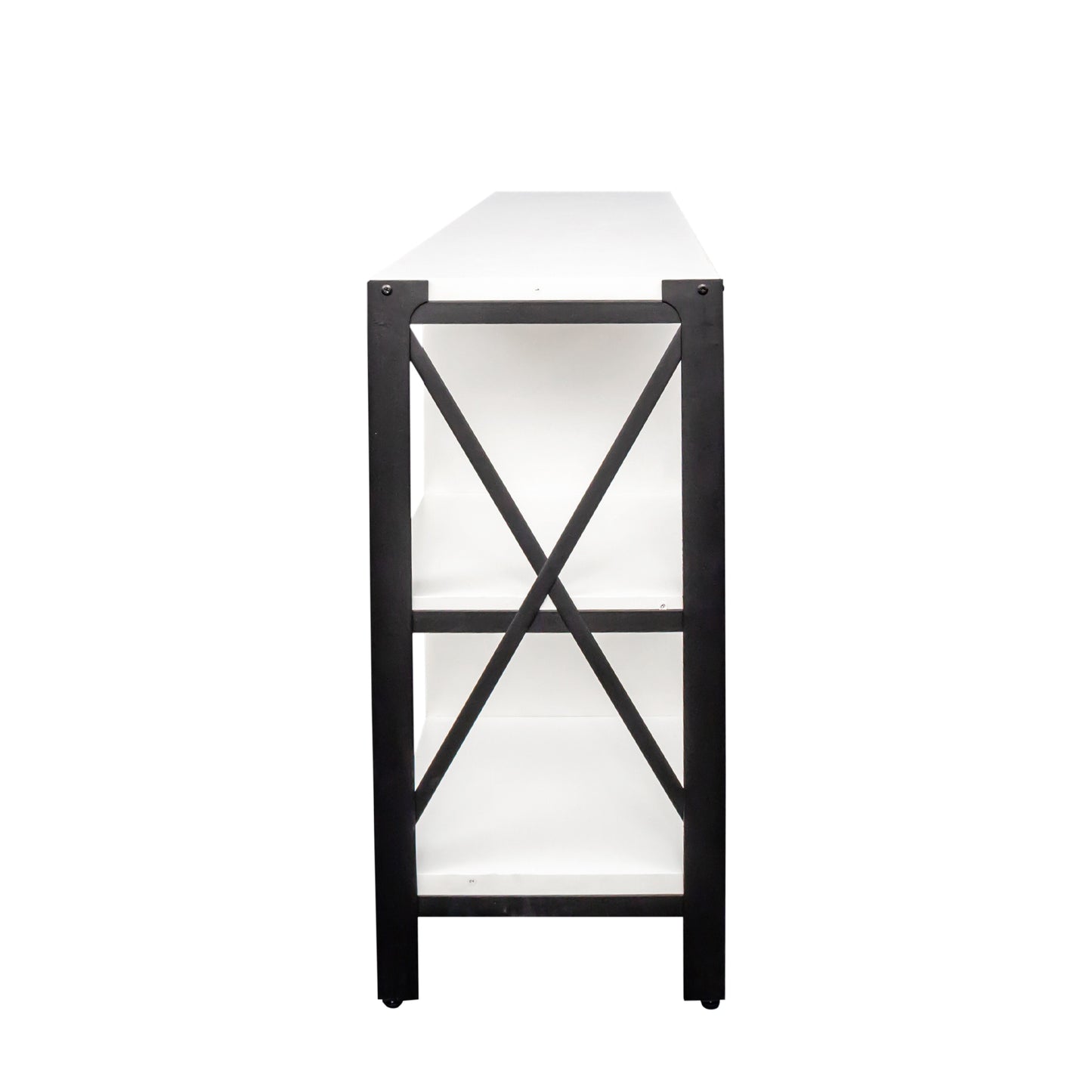 White media console with black metal frame and Xbracing