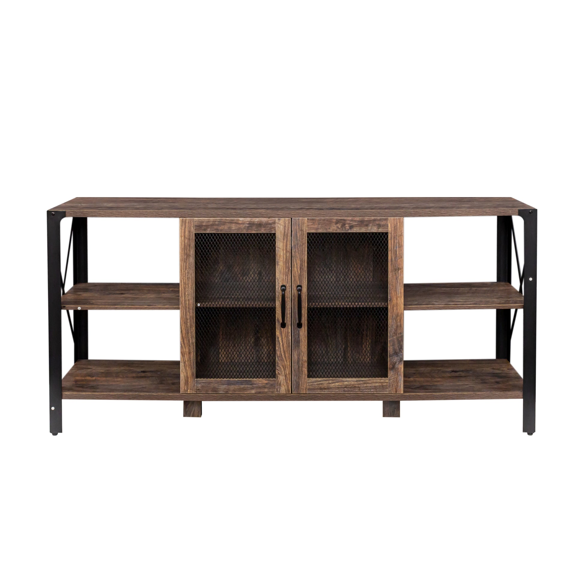 Rustic wood media console with metal frame and two mesh cabinet doors