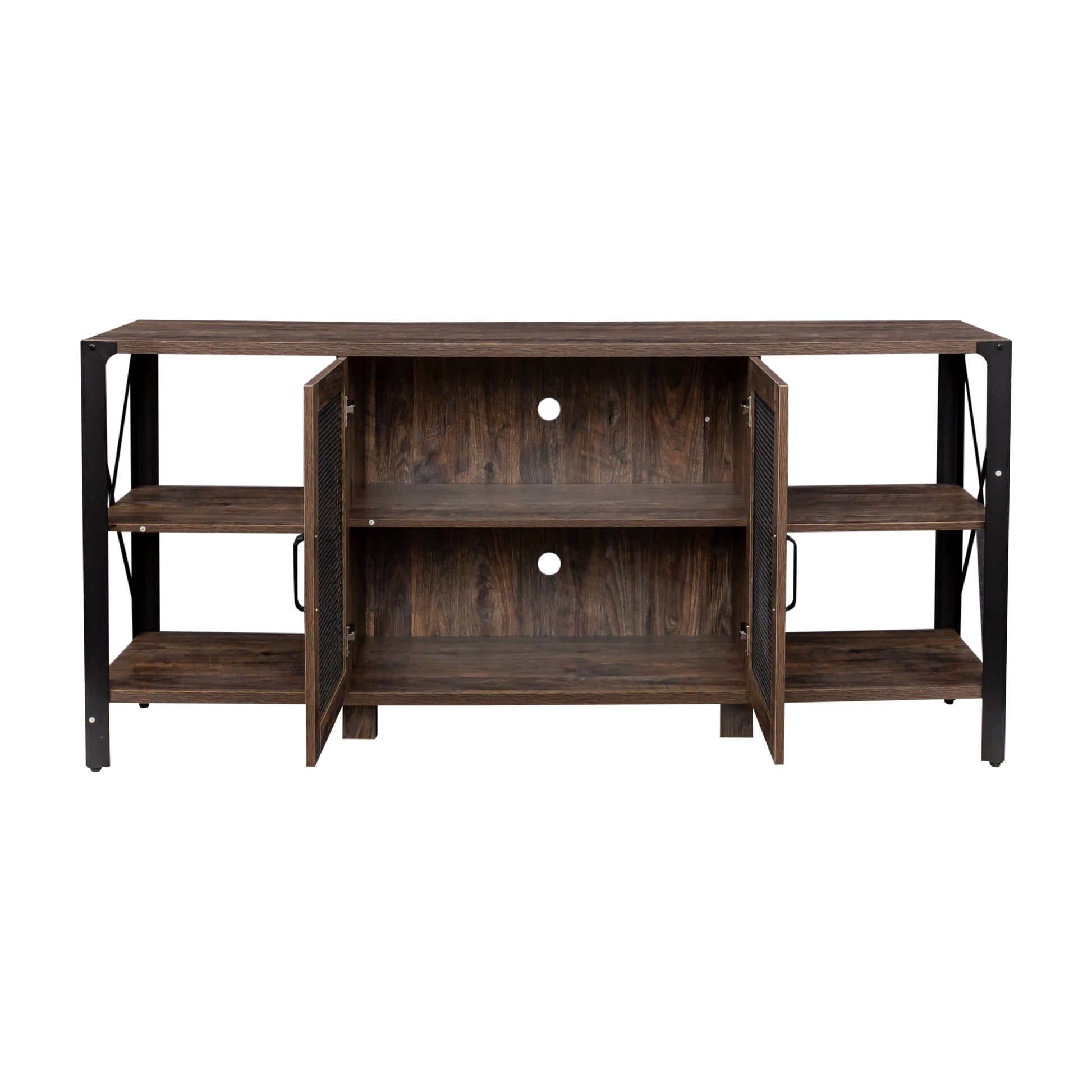 Industrial style tv stand with dark wood finish and metal accents