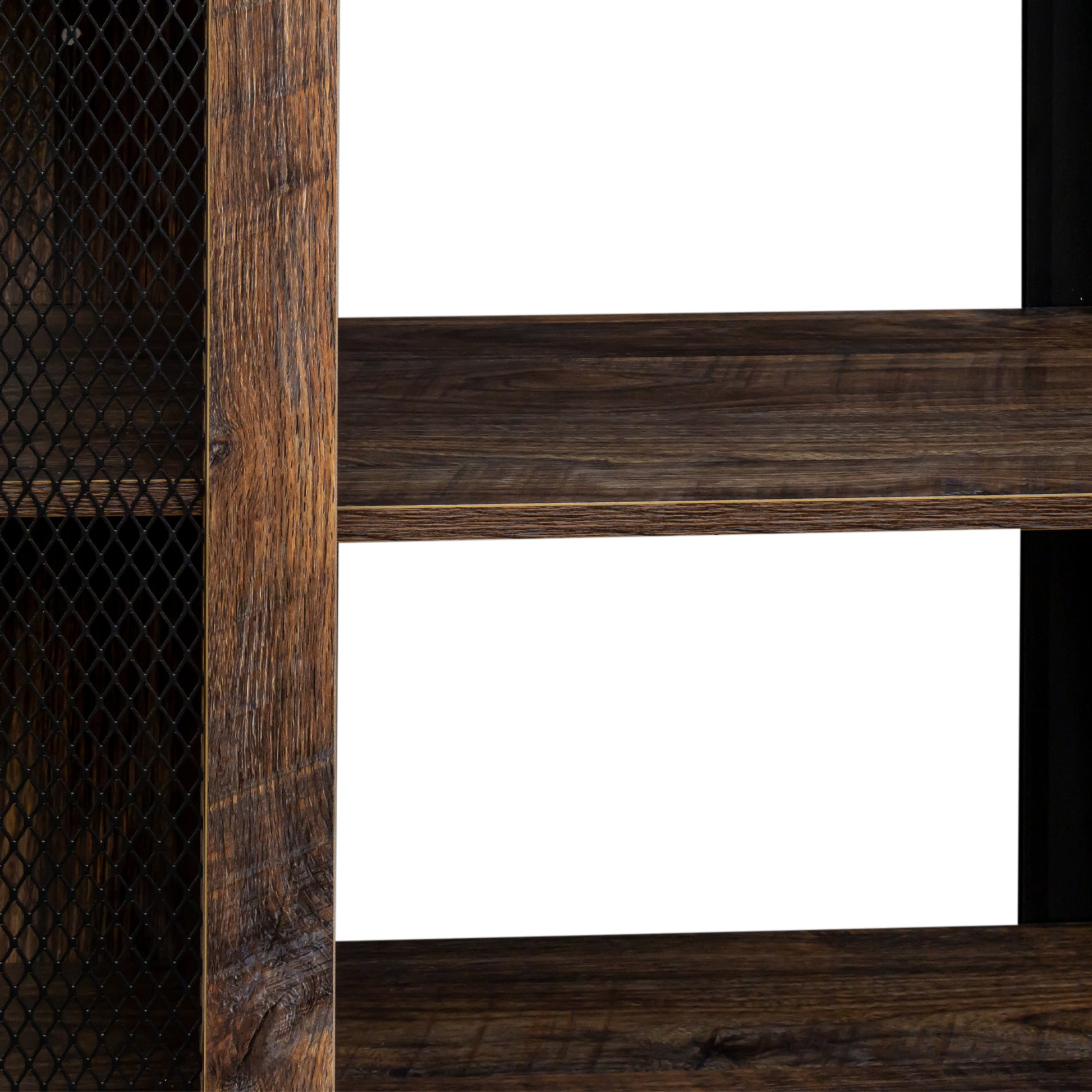 Rustic wood and metal shelf detail with diamond mesh