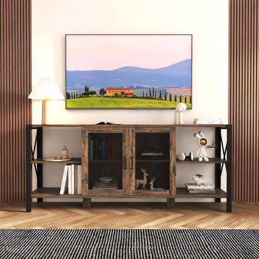 Rustic wood and metal media console with mesh cabinet doors and open shelving