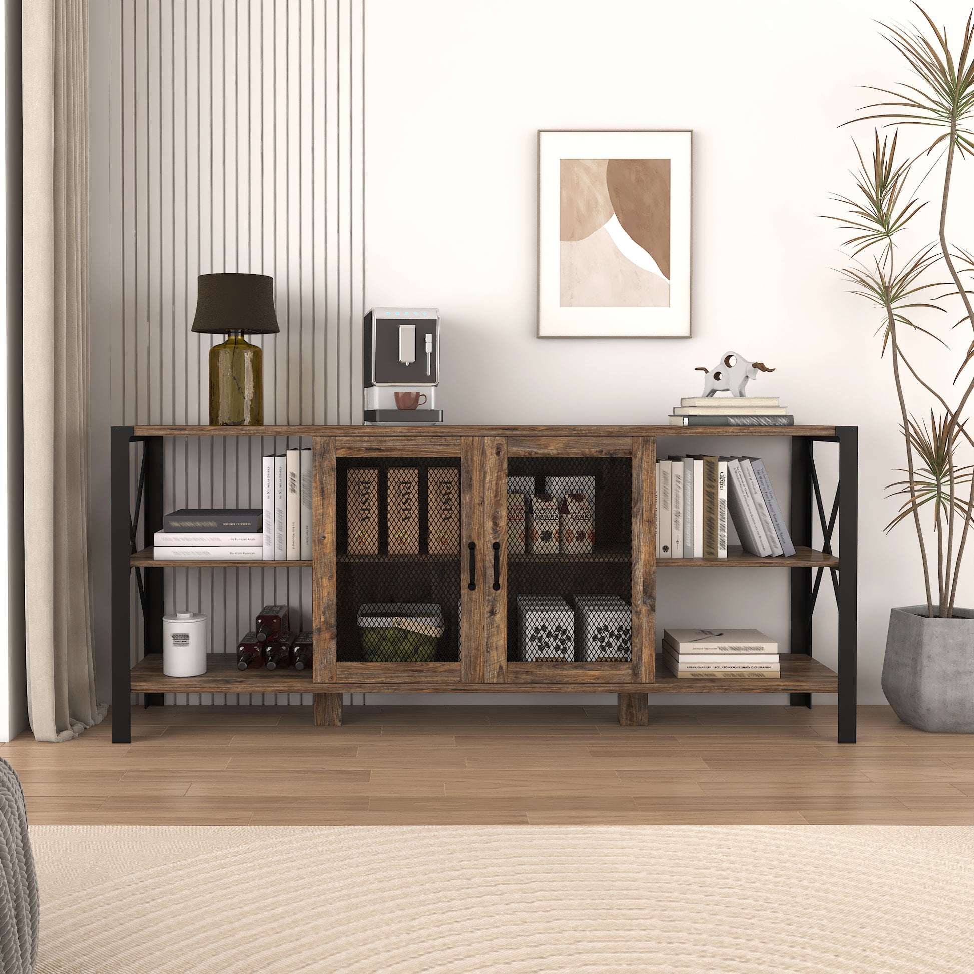 Rustic wood and metal console table with mesh cabinet doors and open shelves