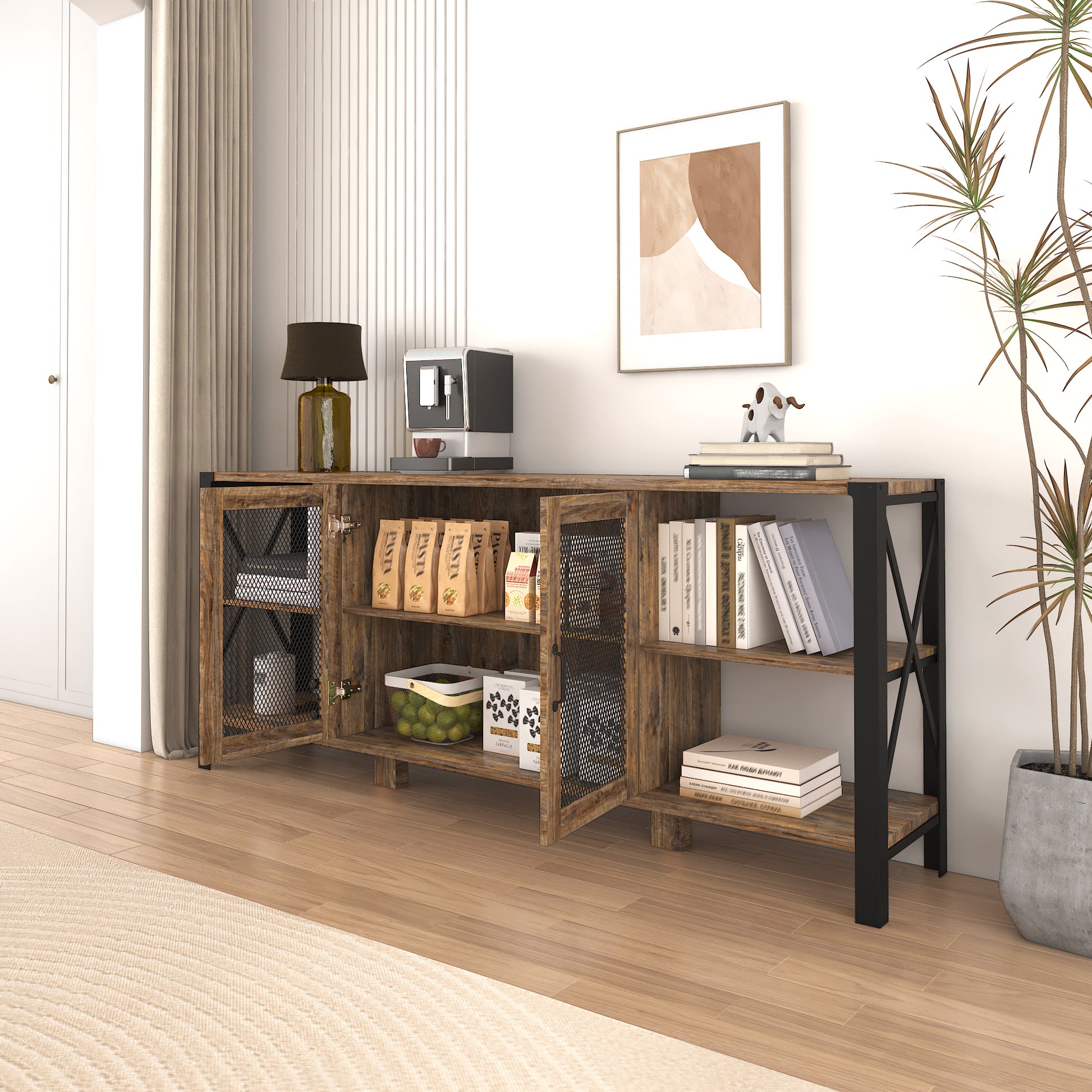 Rustic wood sideboard with mesh doors storing pasta and produce