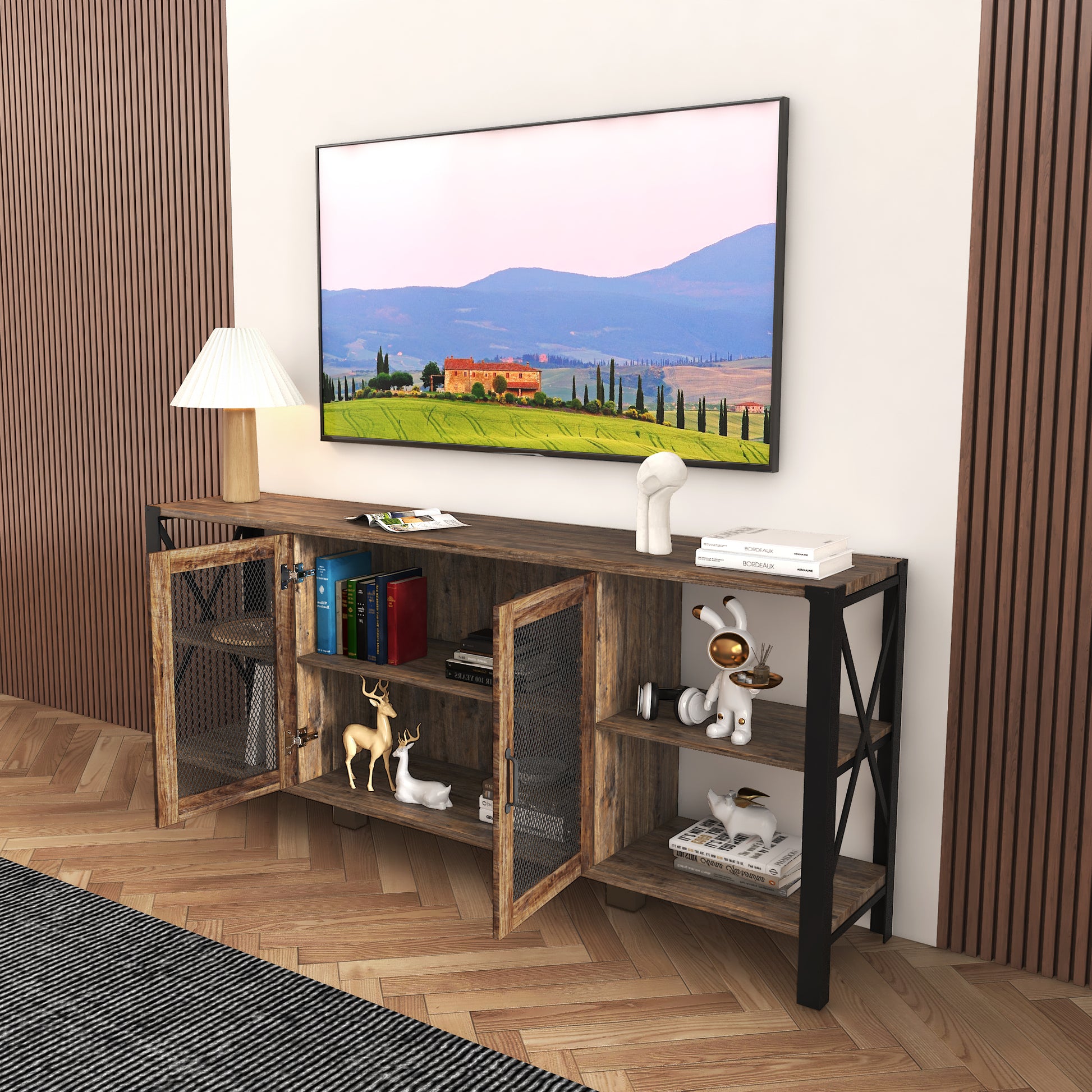 Rustic wood media console with mesh cabinet doors and ample shelving