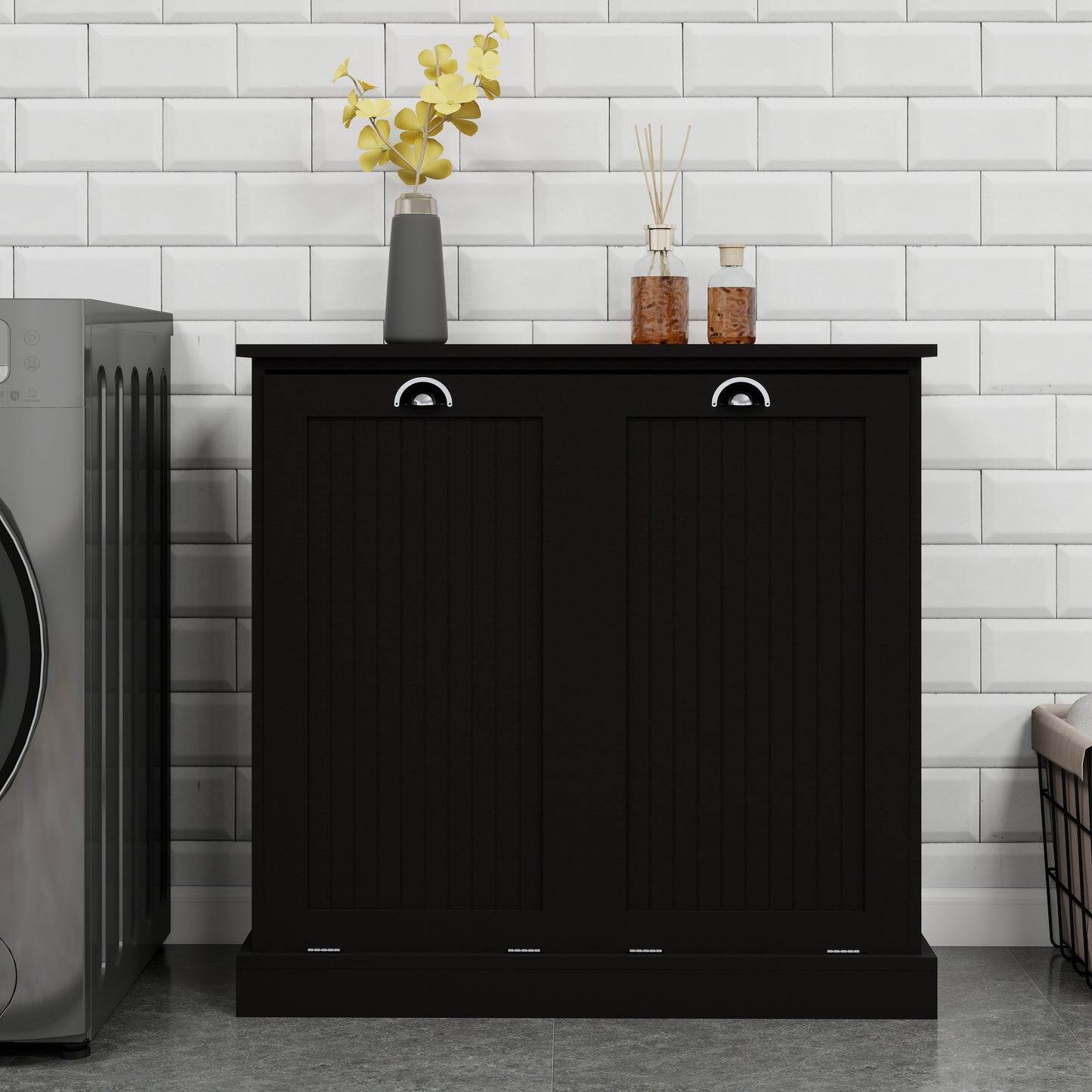 Black wood laundry cabinet with double doors and silver pull handles