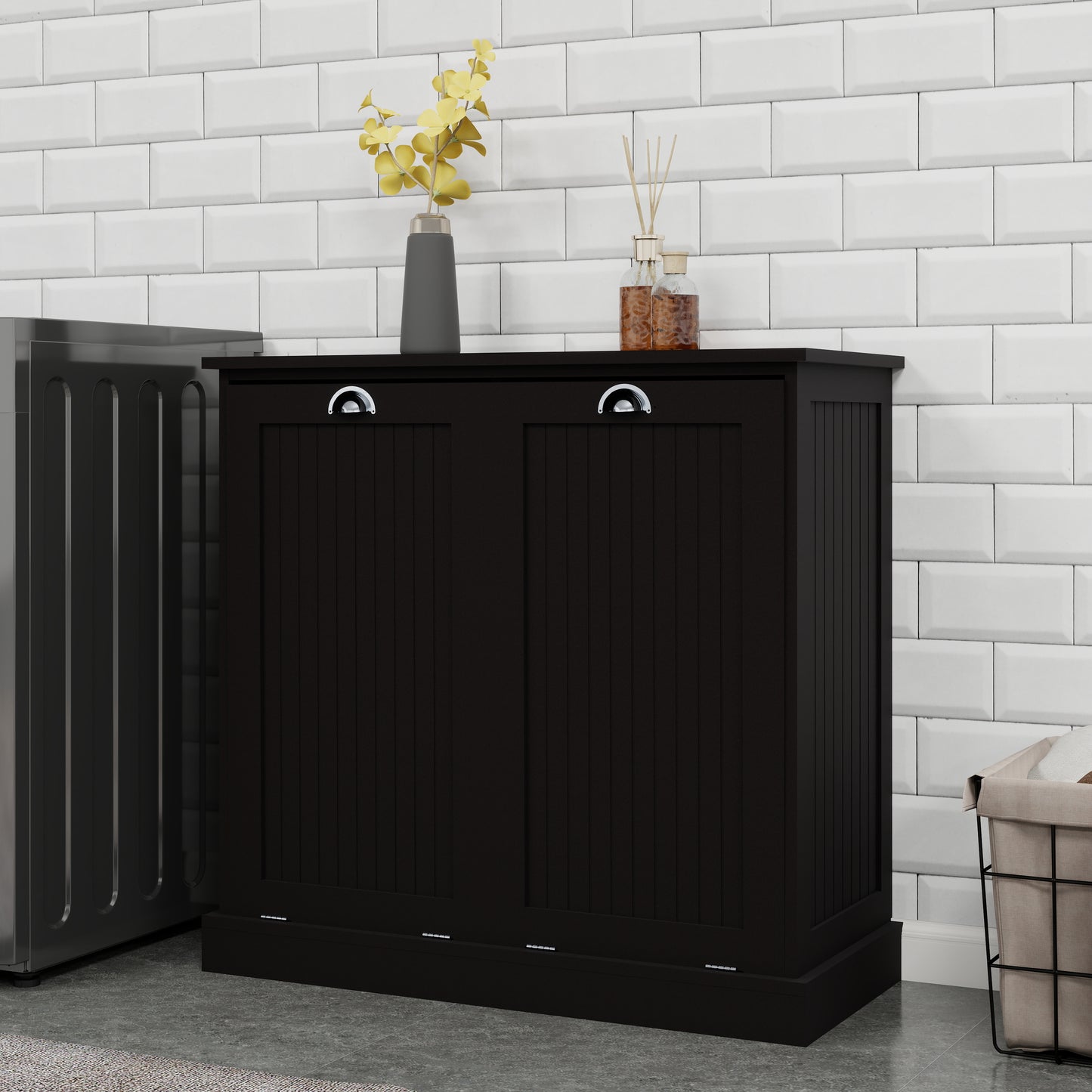 Dark wood doubledoor laundry cabinet with silver handles