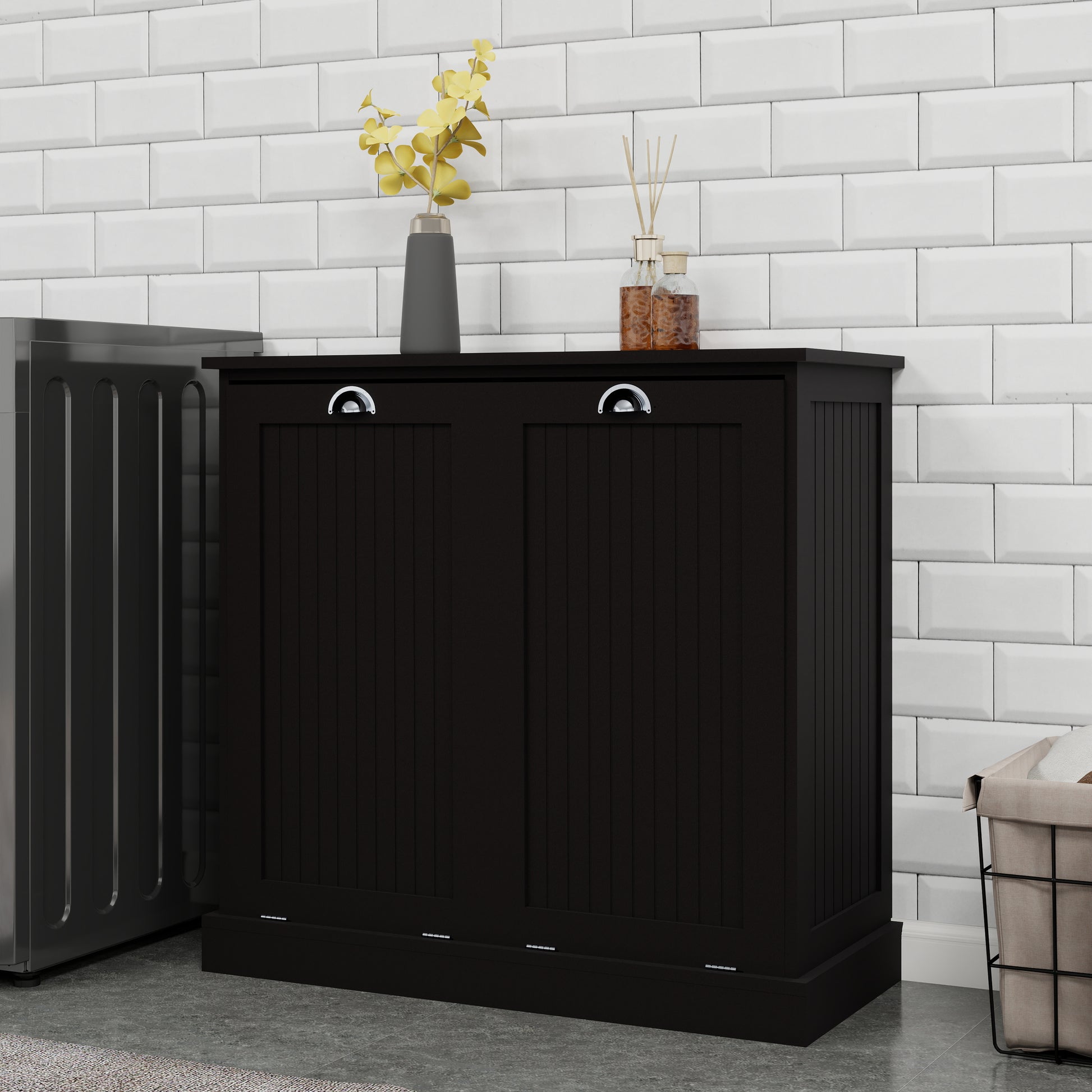 Dark wood doubledoor laundry cabinet with silver handles