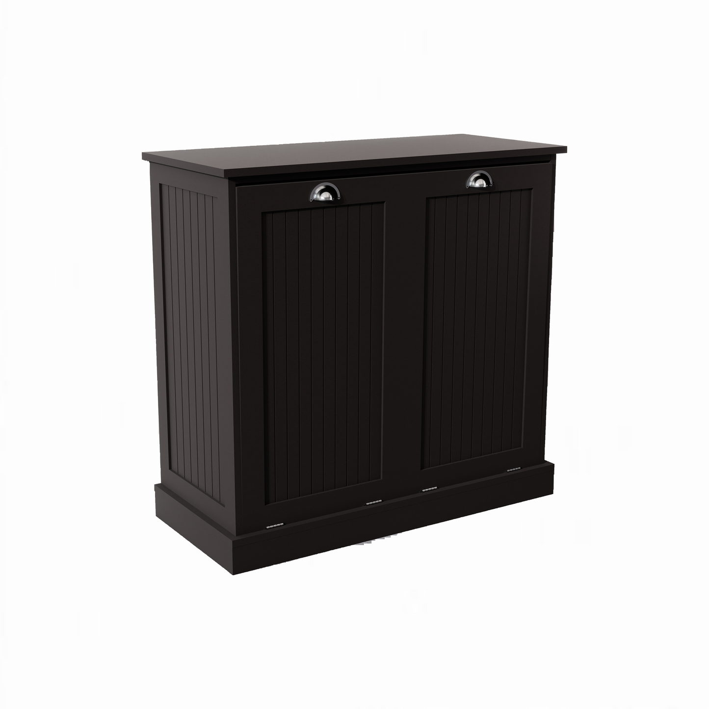 Dark brown wooden cabinet with double doors and silver cup pulls