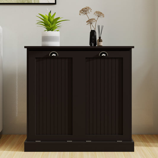 Dark brown wood cabinet with fluted double doors and silver hardware