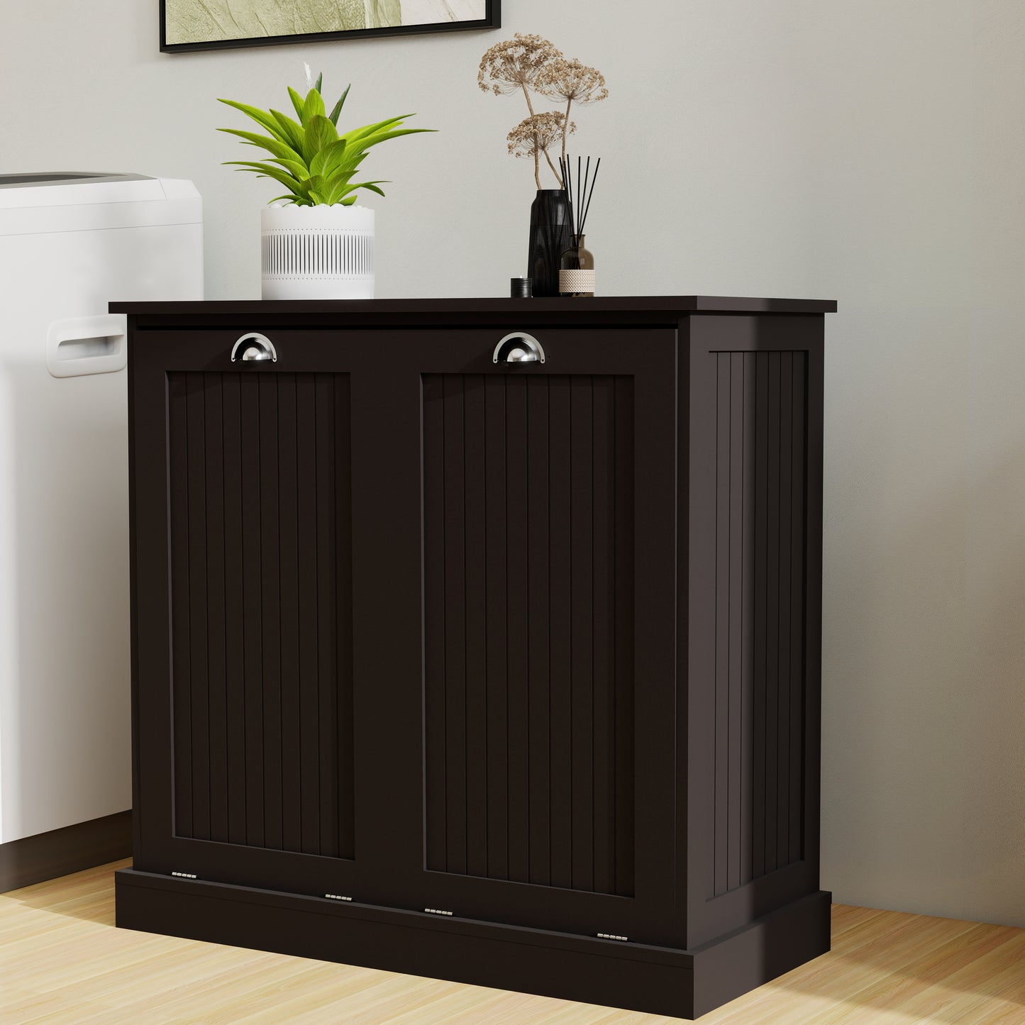 Dark brown wooden laundry hamper with silver cup handles and paneled doors