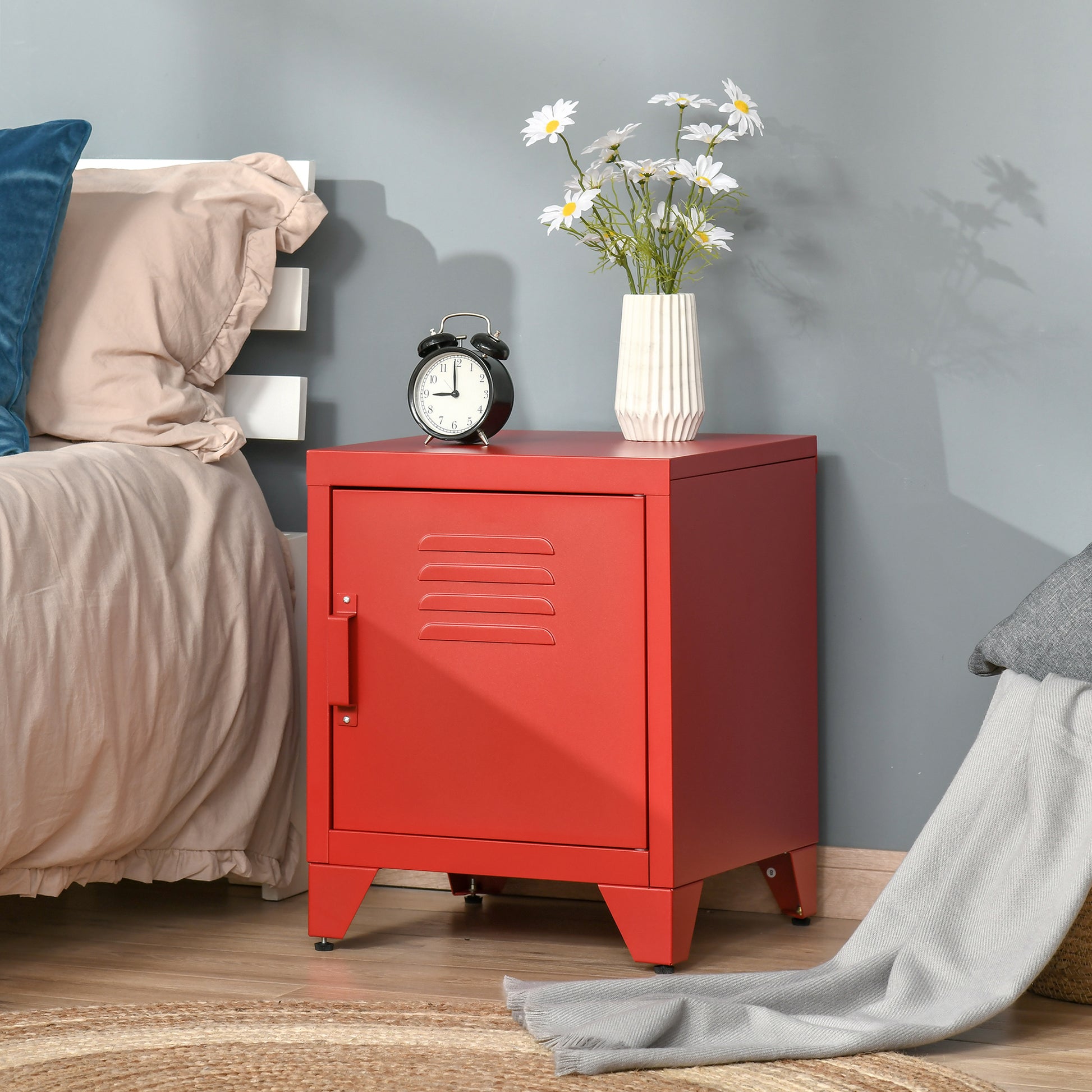 Red metal locker end table with ventilation slots and silver handle
