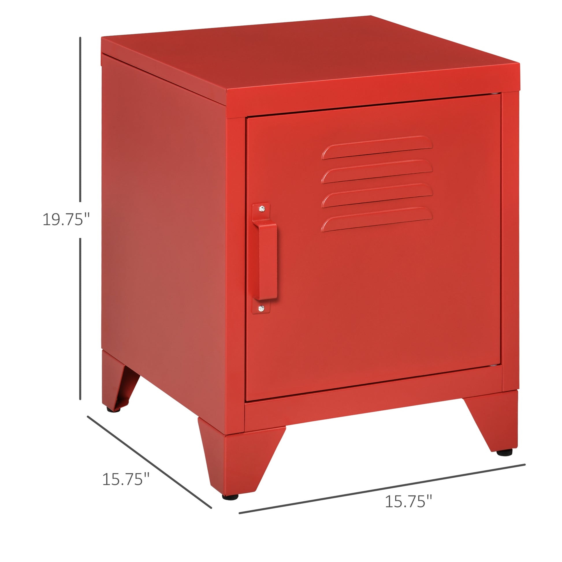 Red metal locker nightstand with slatted door detail and silver handle