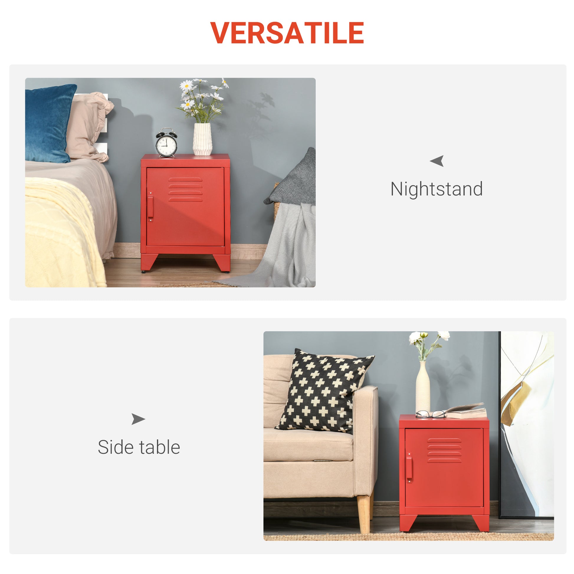 Red metal nightstand with slatted door by a bed