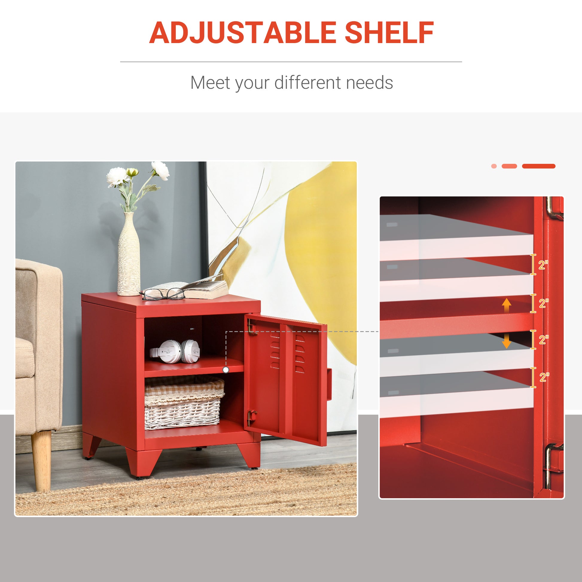 Red metal nightstand with open door showing headphones and basket