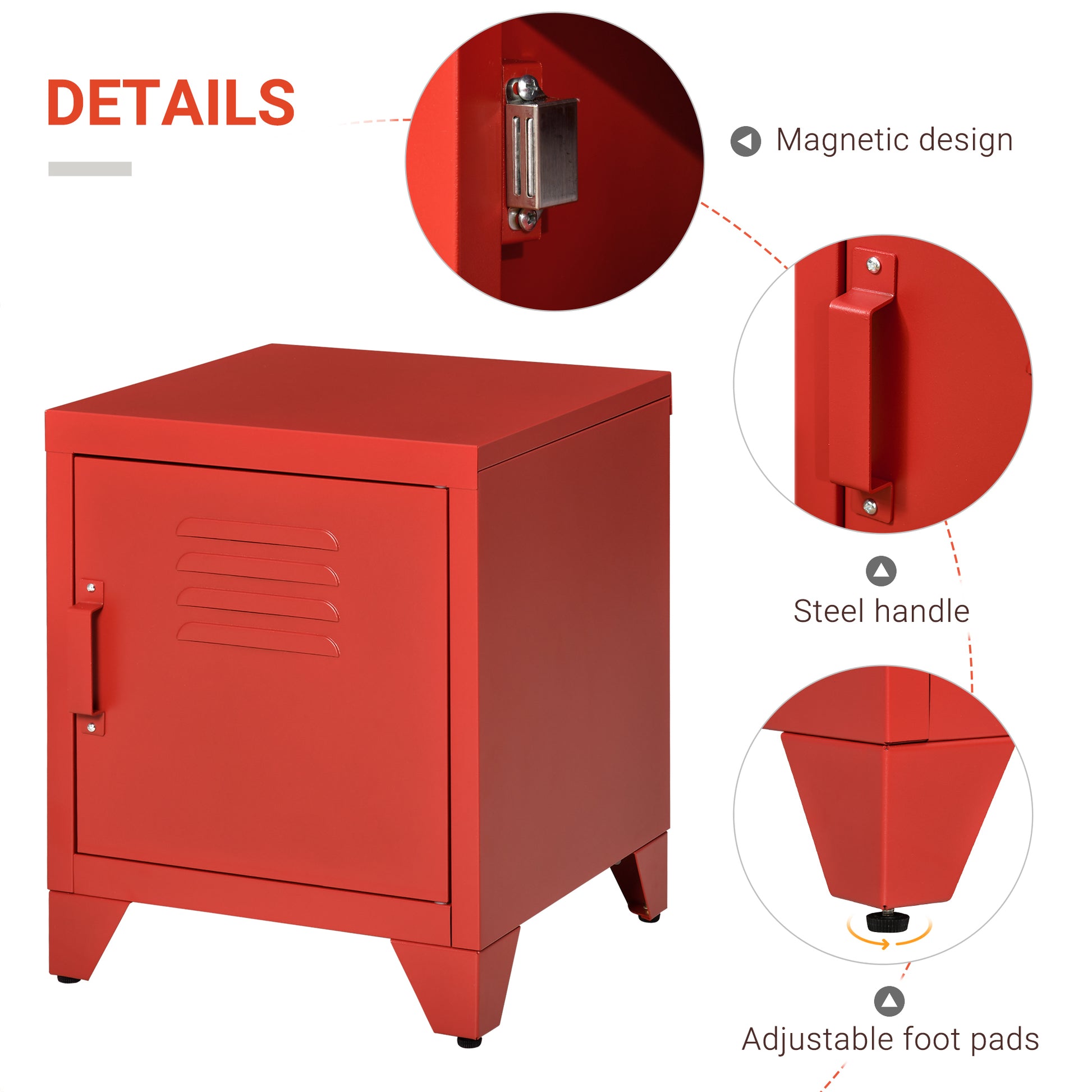 Red metal locker cabinet with vented door and steel handle