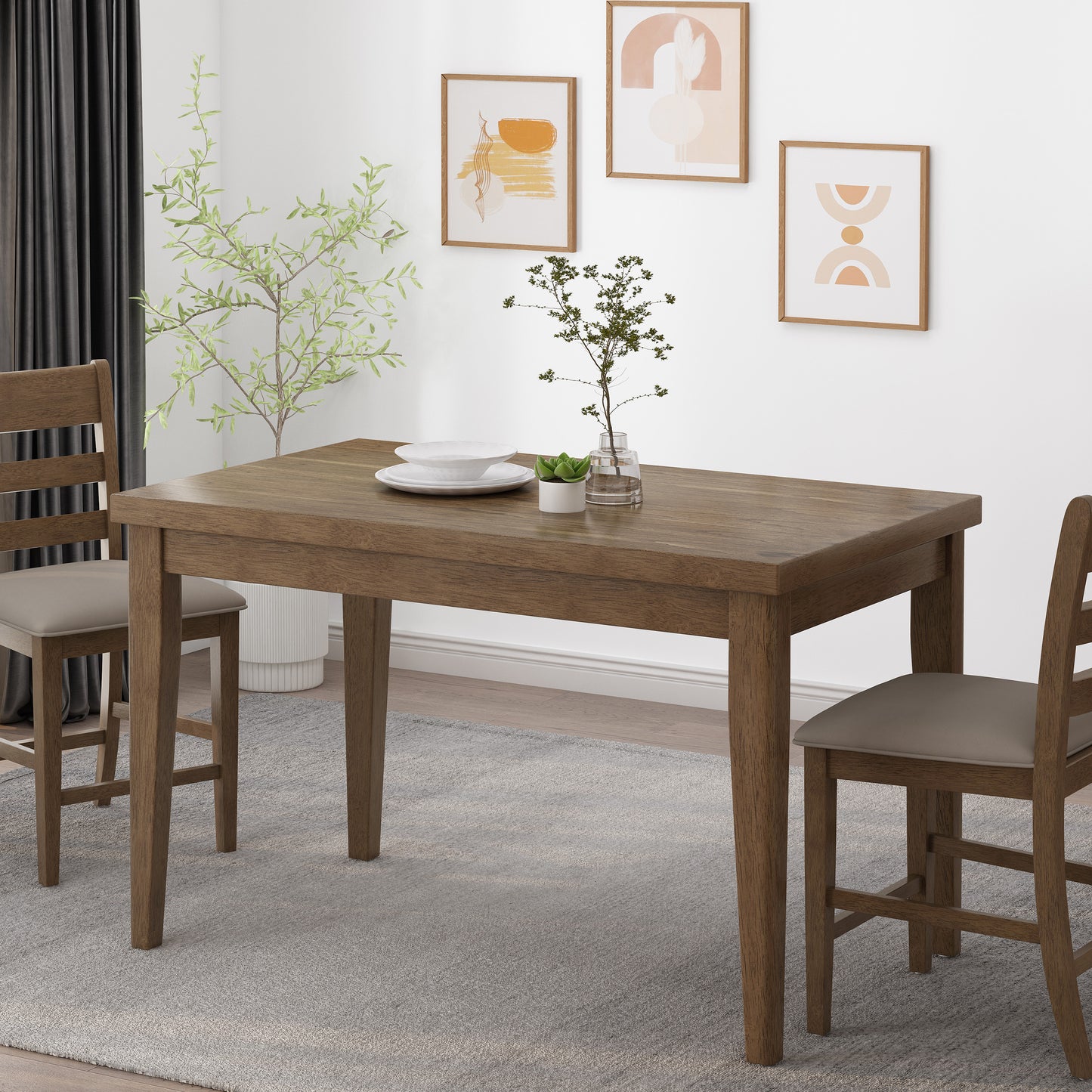 Rustic oak dining table set with upholstered bar stools