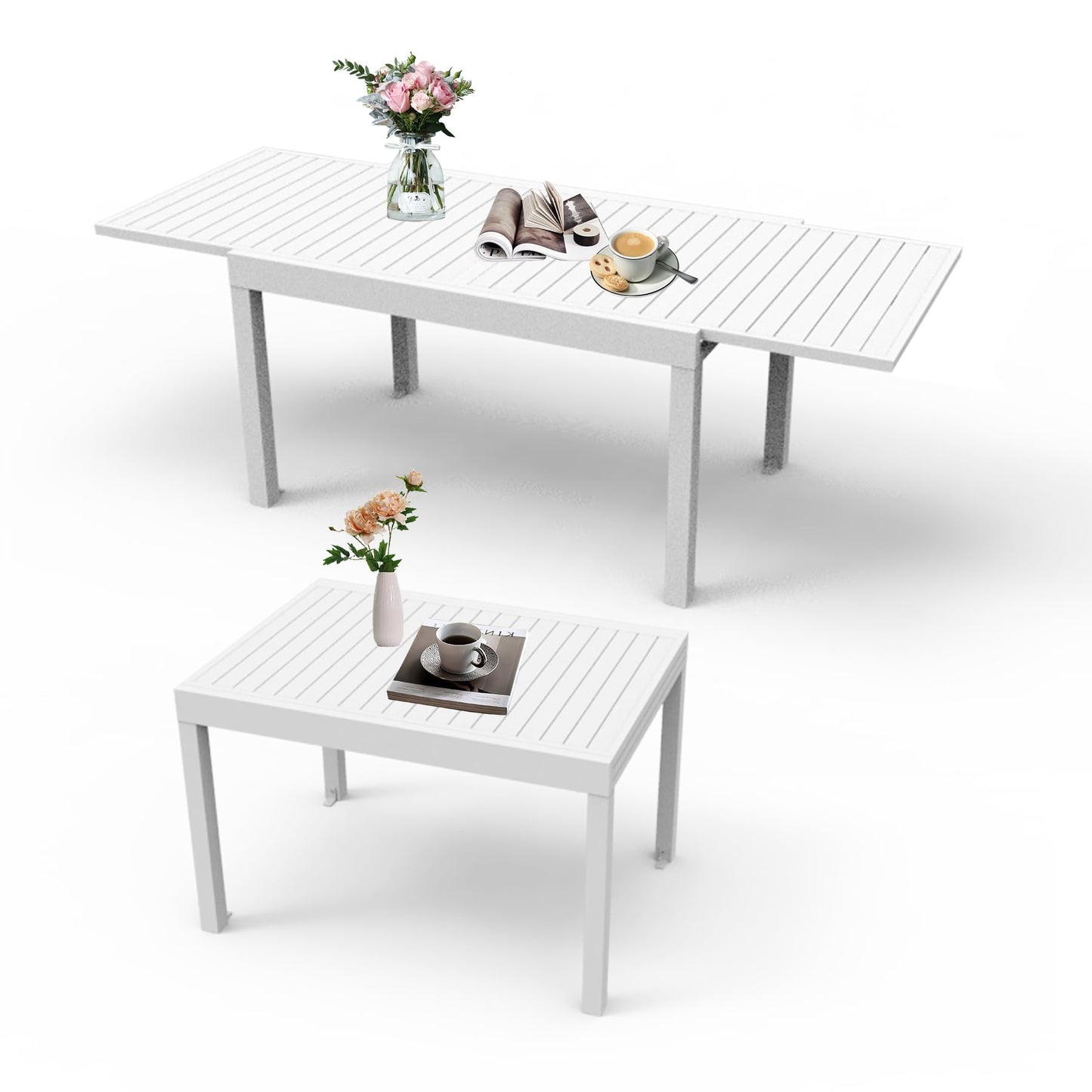 Modern white slatted patio dining table with extending leaf