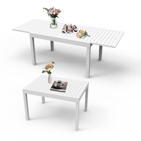 Modern white slatted patio dining table with extending leaf