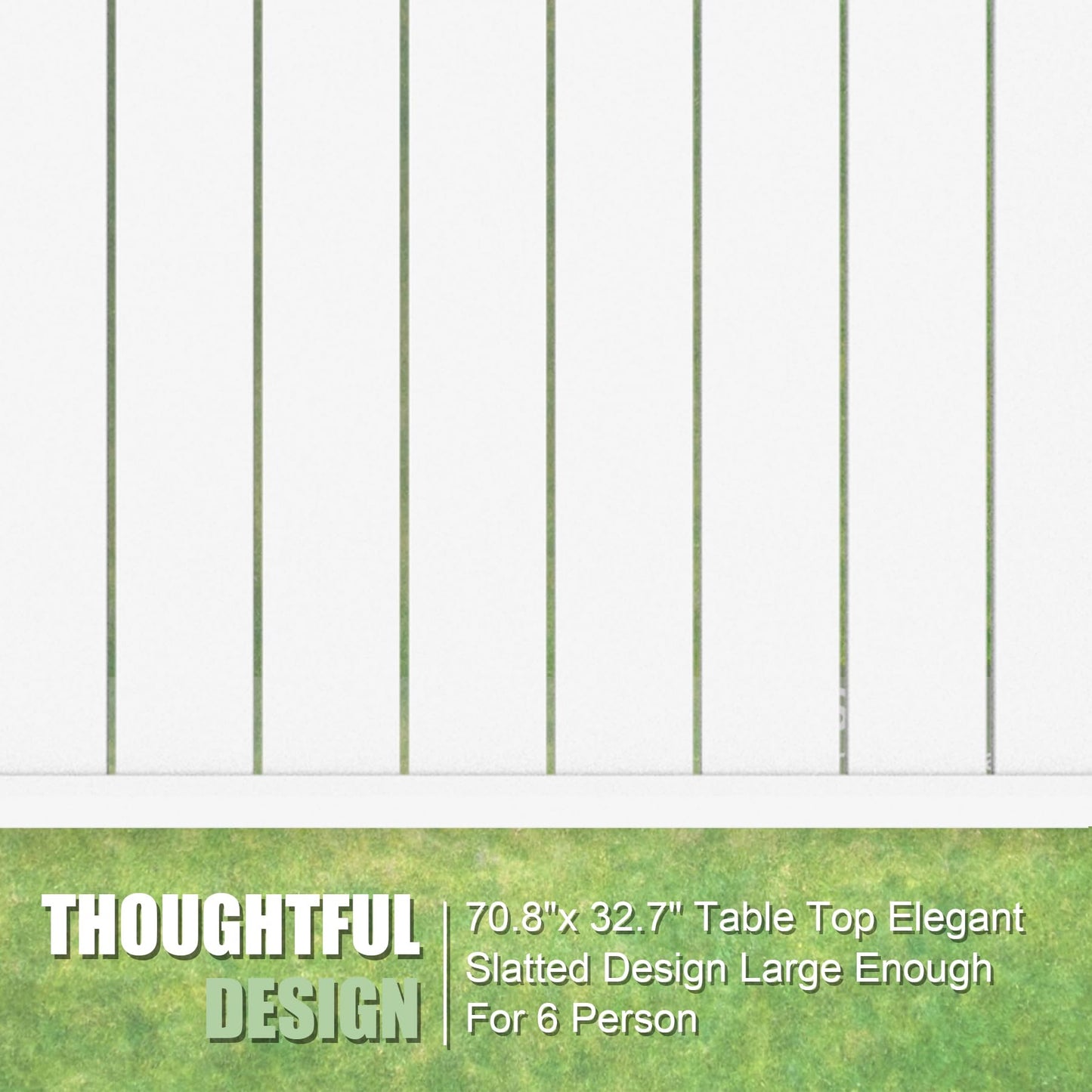 White slatted patio table top with green grass below