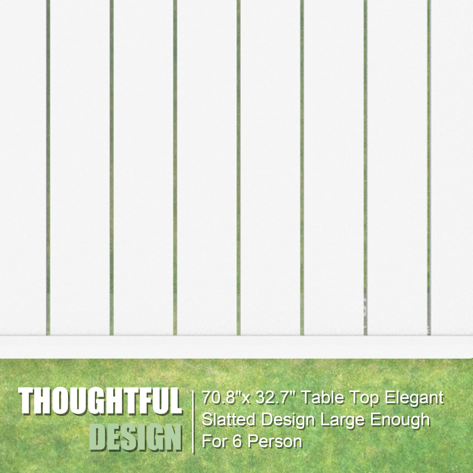 White slatted patio table top with green grass below