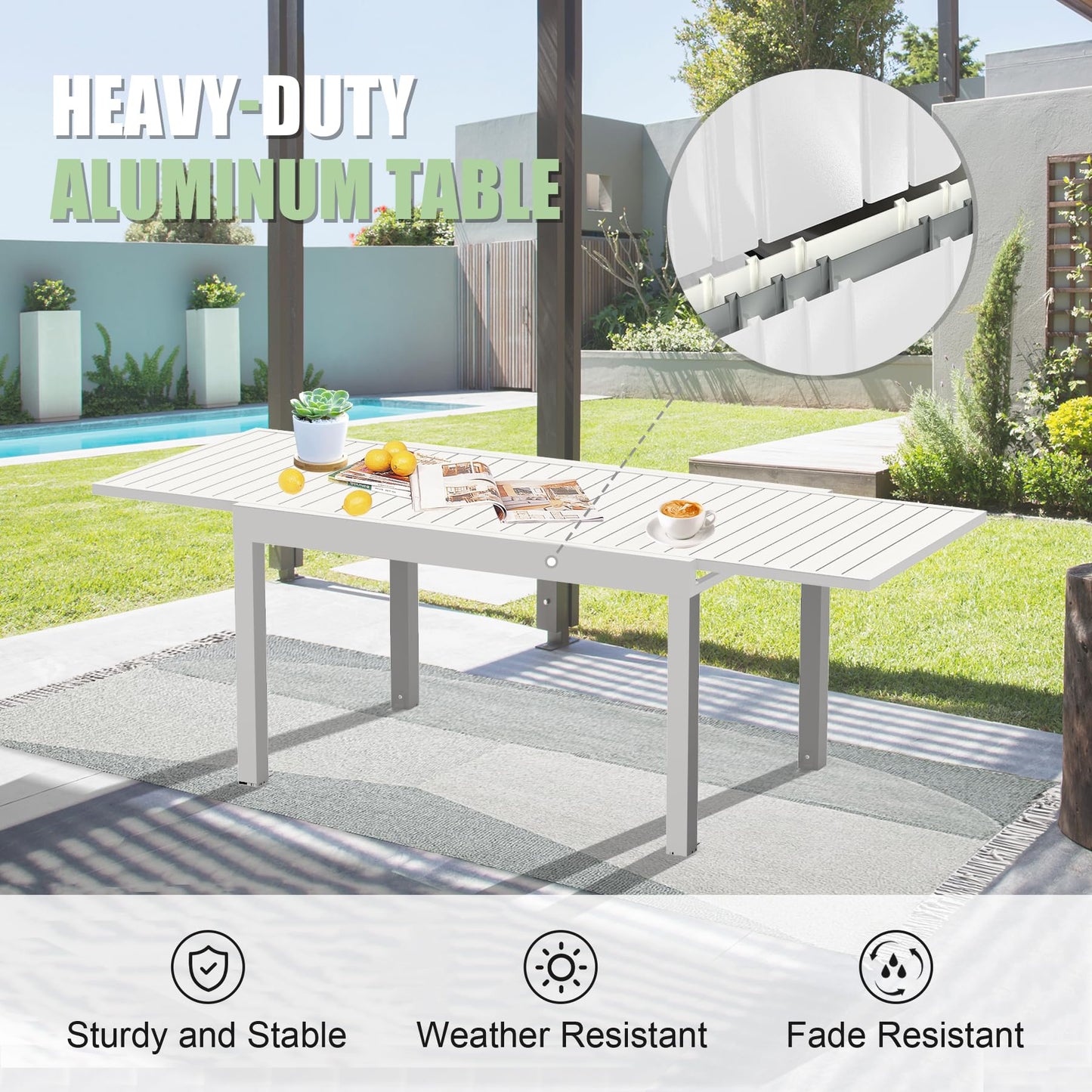 White slatted aluminum patio table with a coffee cup and books