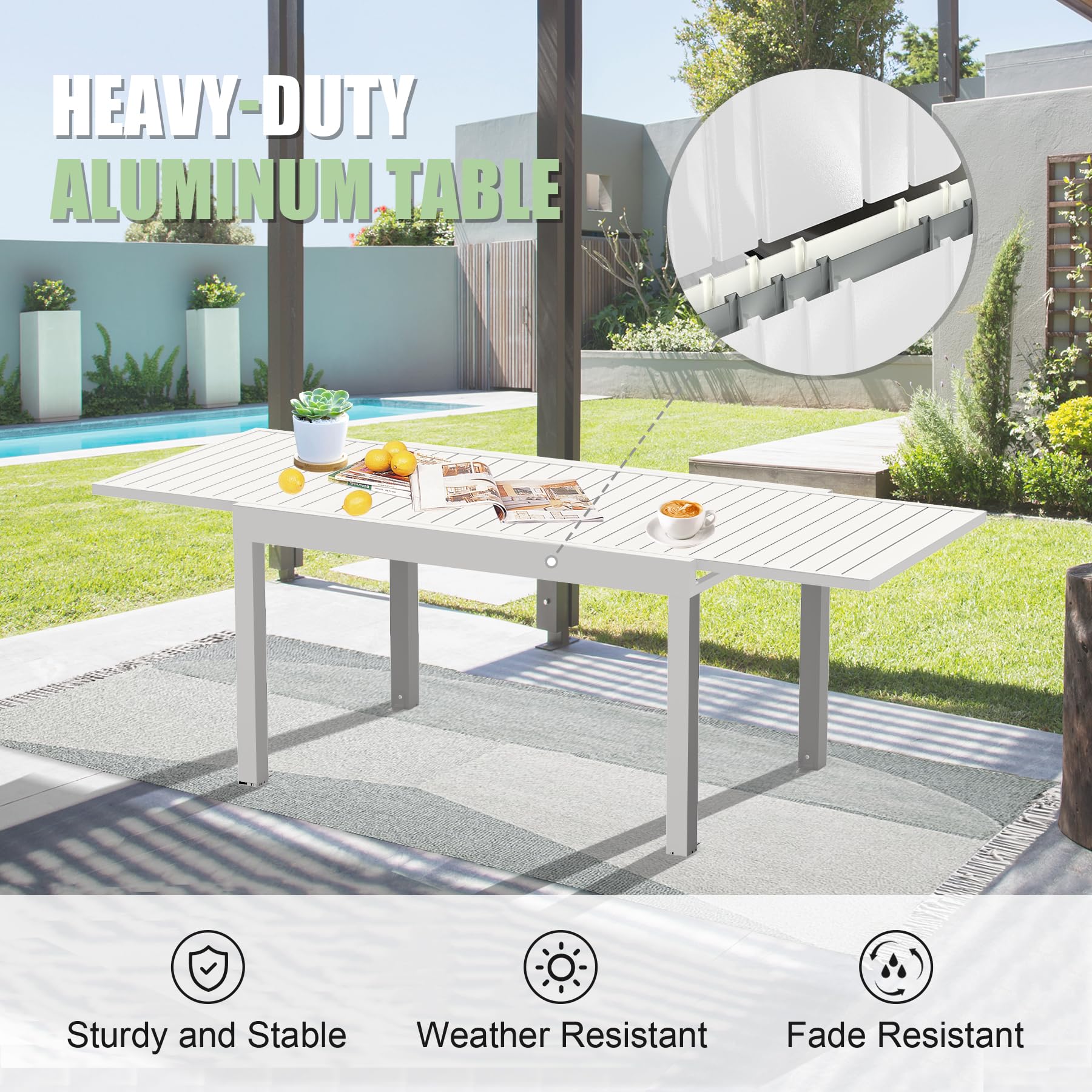 White slatted aluminum patio table with a coffee cup and books